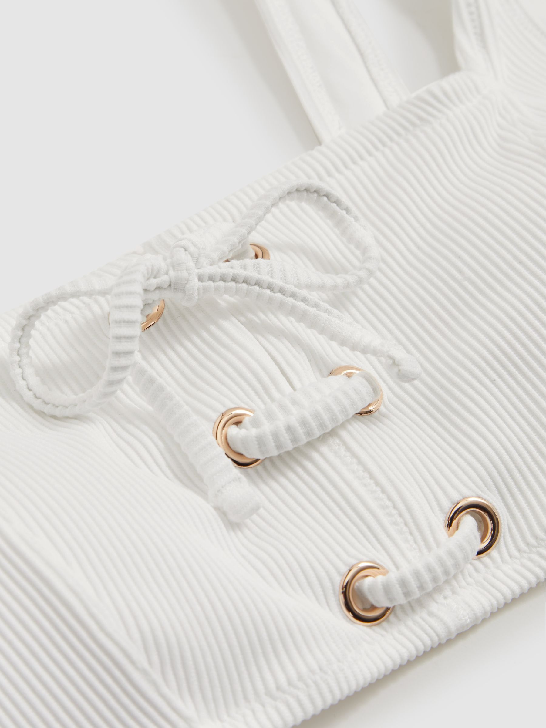 Ribbed Lace-Up Bikini Top in White