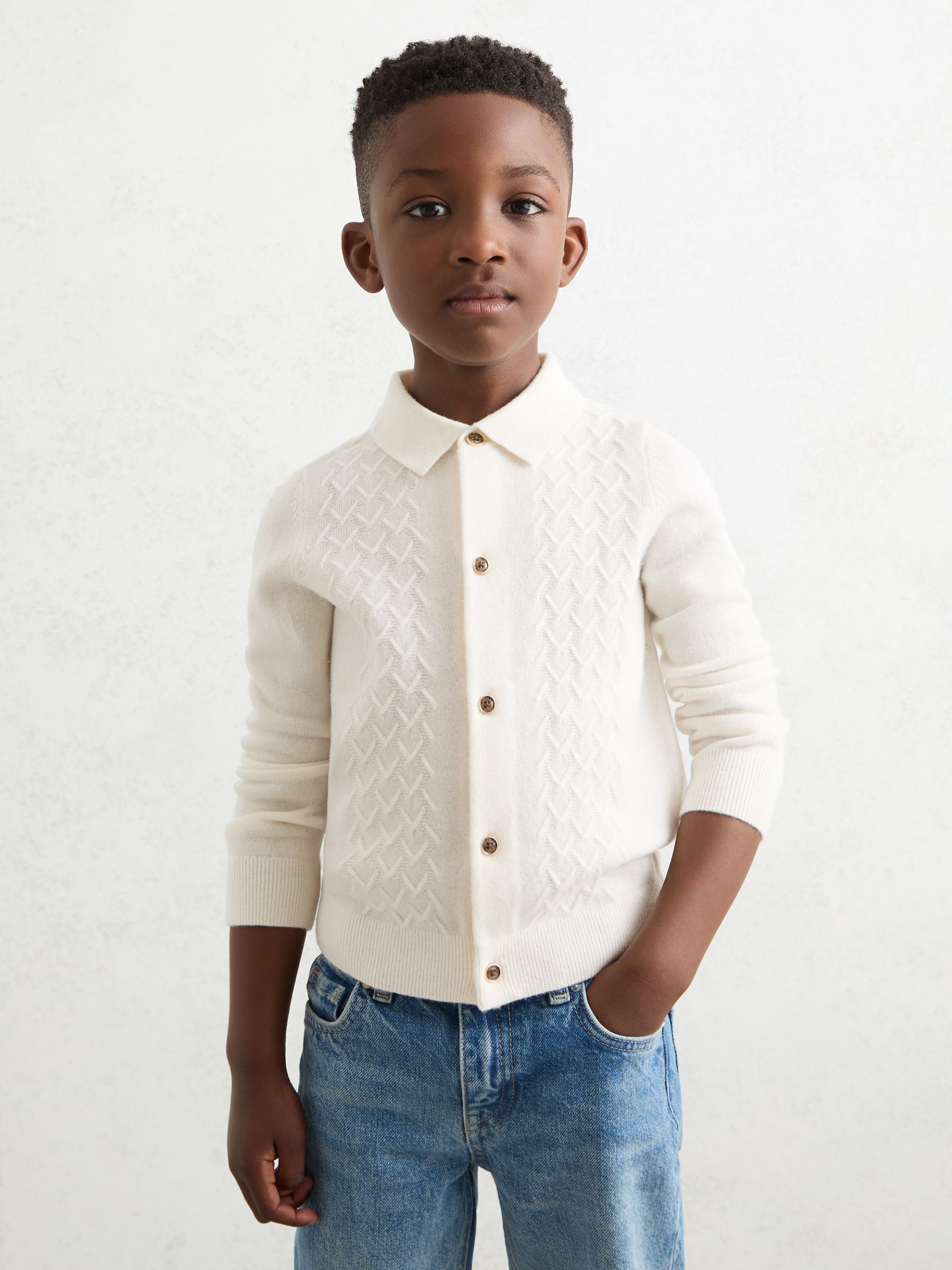 9-13 yrs Wool V-Stitch Button-Through Cardigan in Off White
