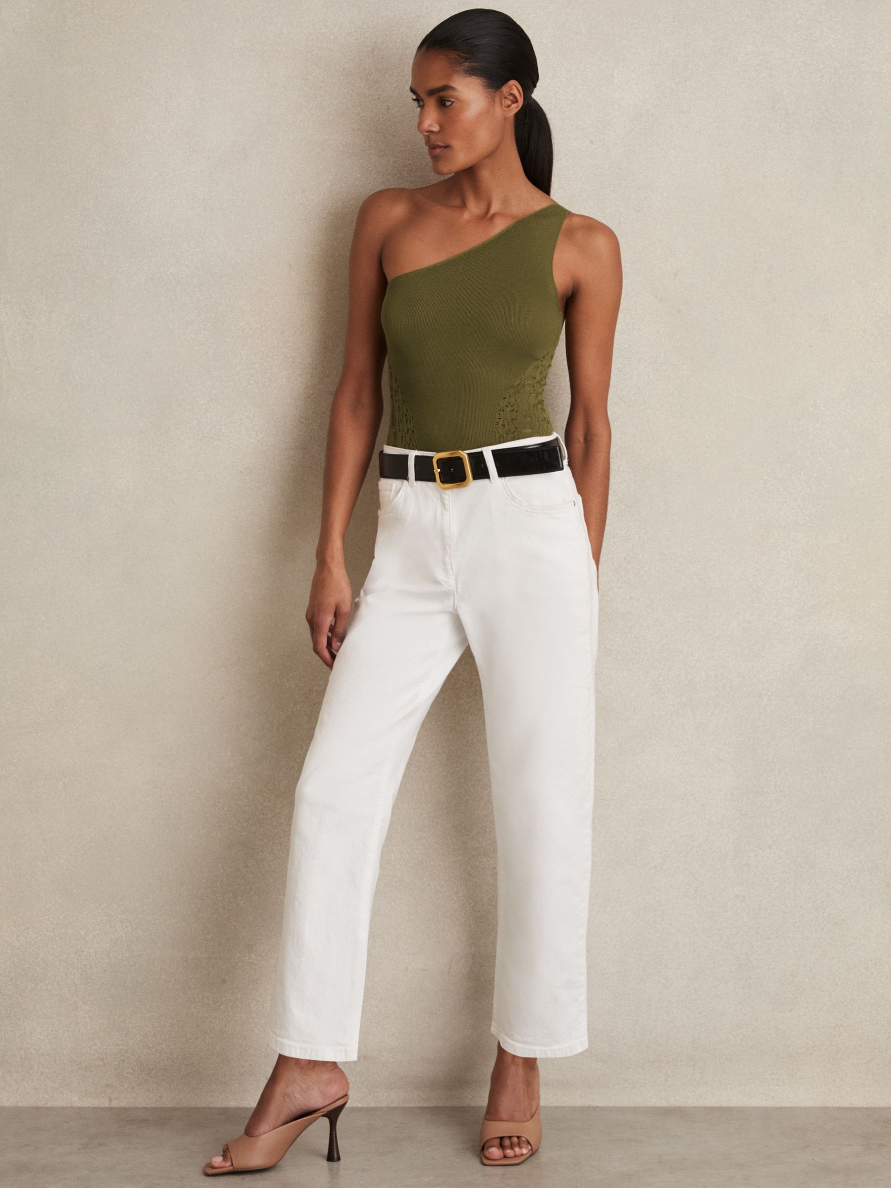 Lace-Knit Detail One-Shoulder Bodysuit in Green