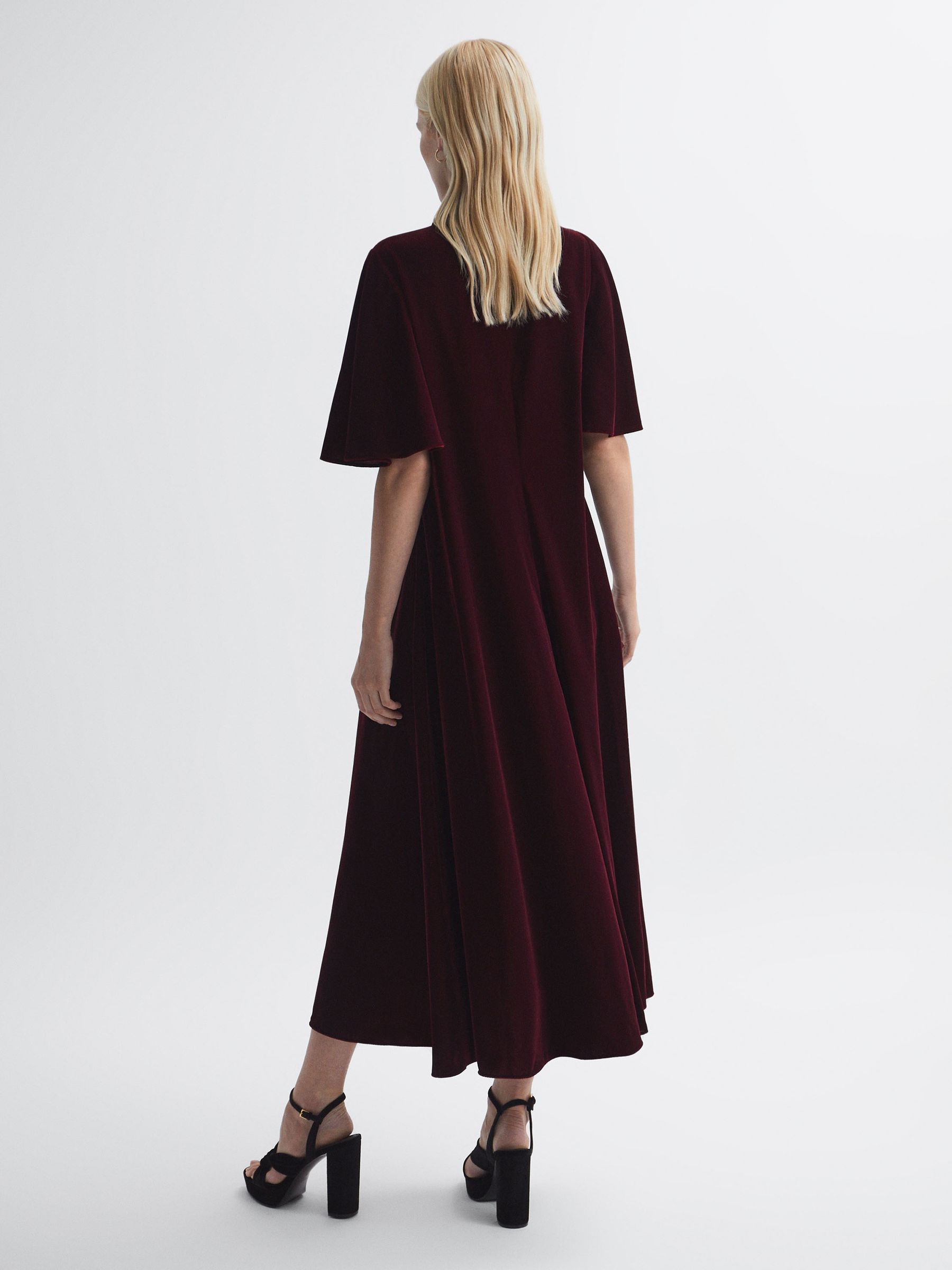 Florere Velvet Tie Neck Midi Dress in Burgundy