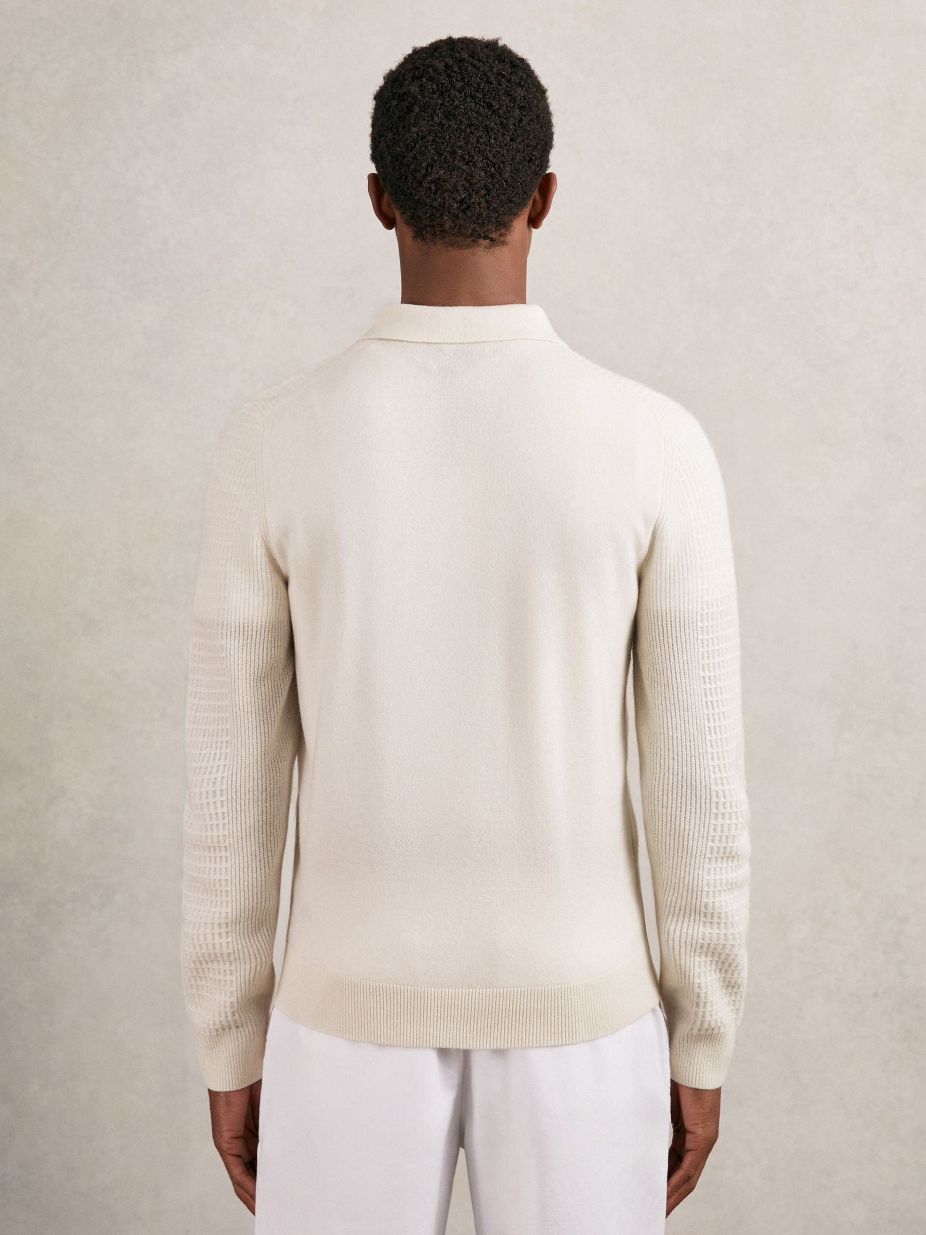 Wool Waffle-Knit Half-Zip Polo Shirt in Off White