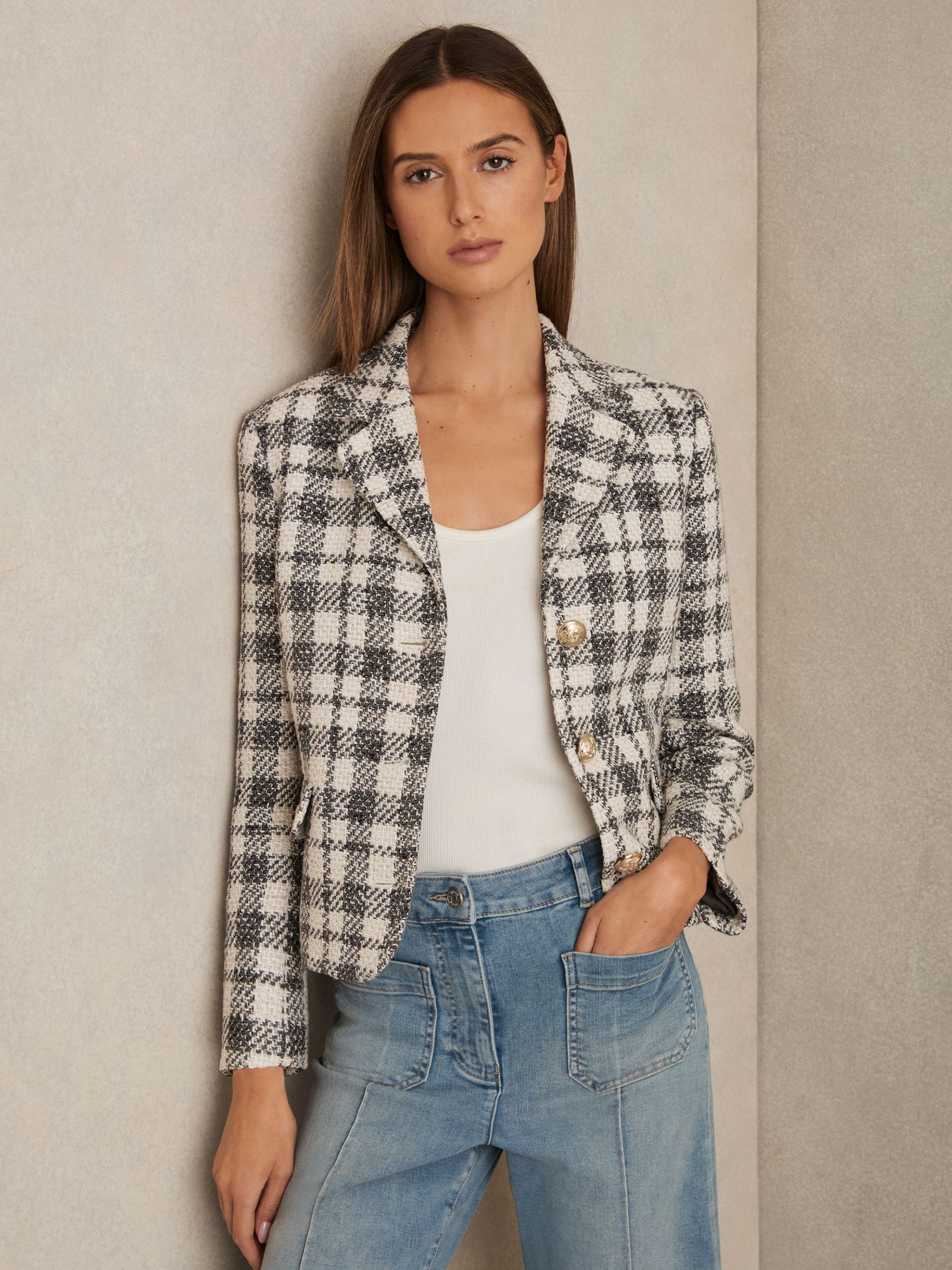 Cotton Blend Check Cropped Jacket in Grey Check