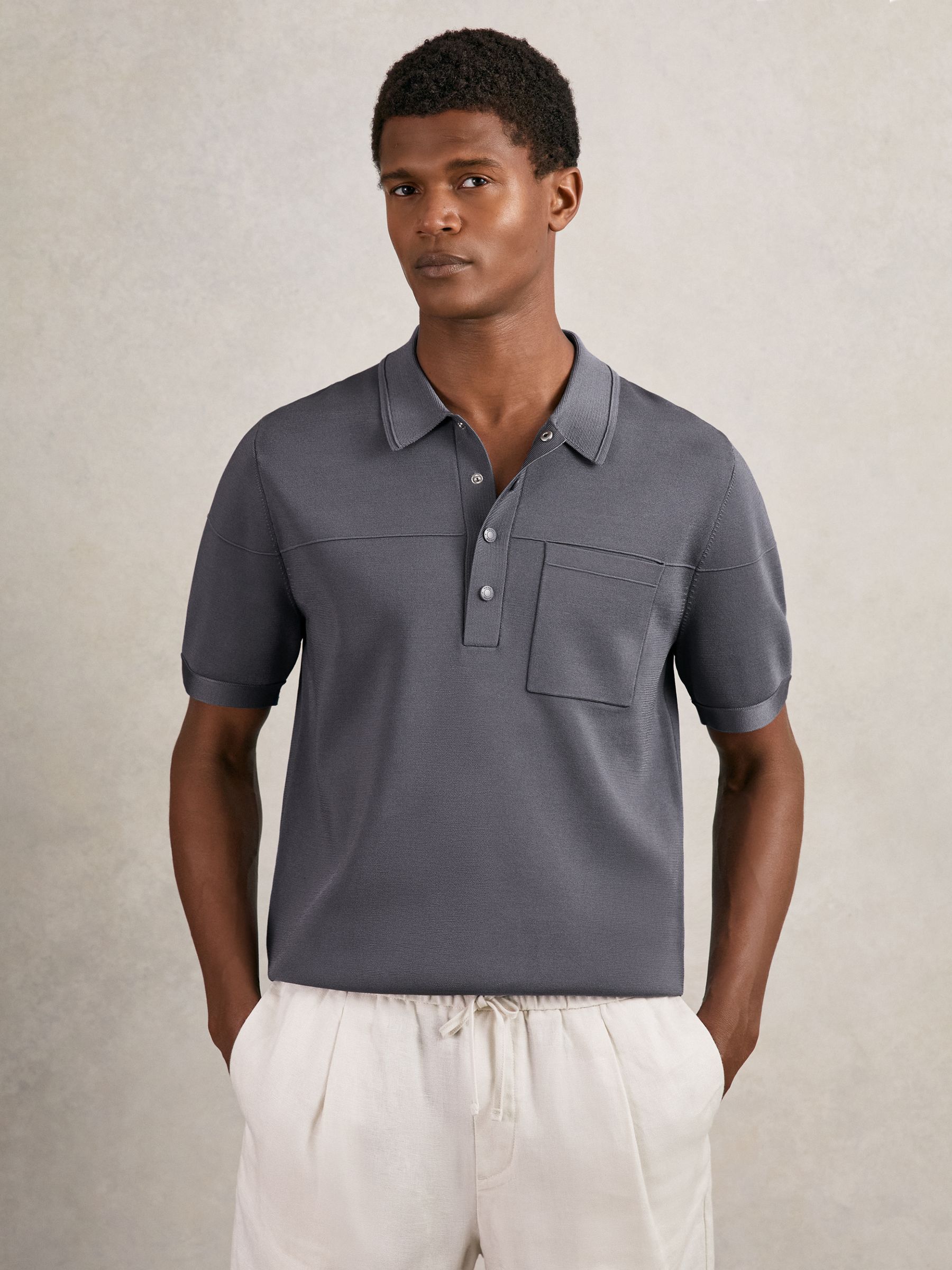 Press-Stud Seam-Detail Polo Shirt in Airforce Blue