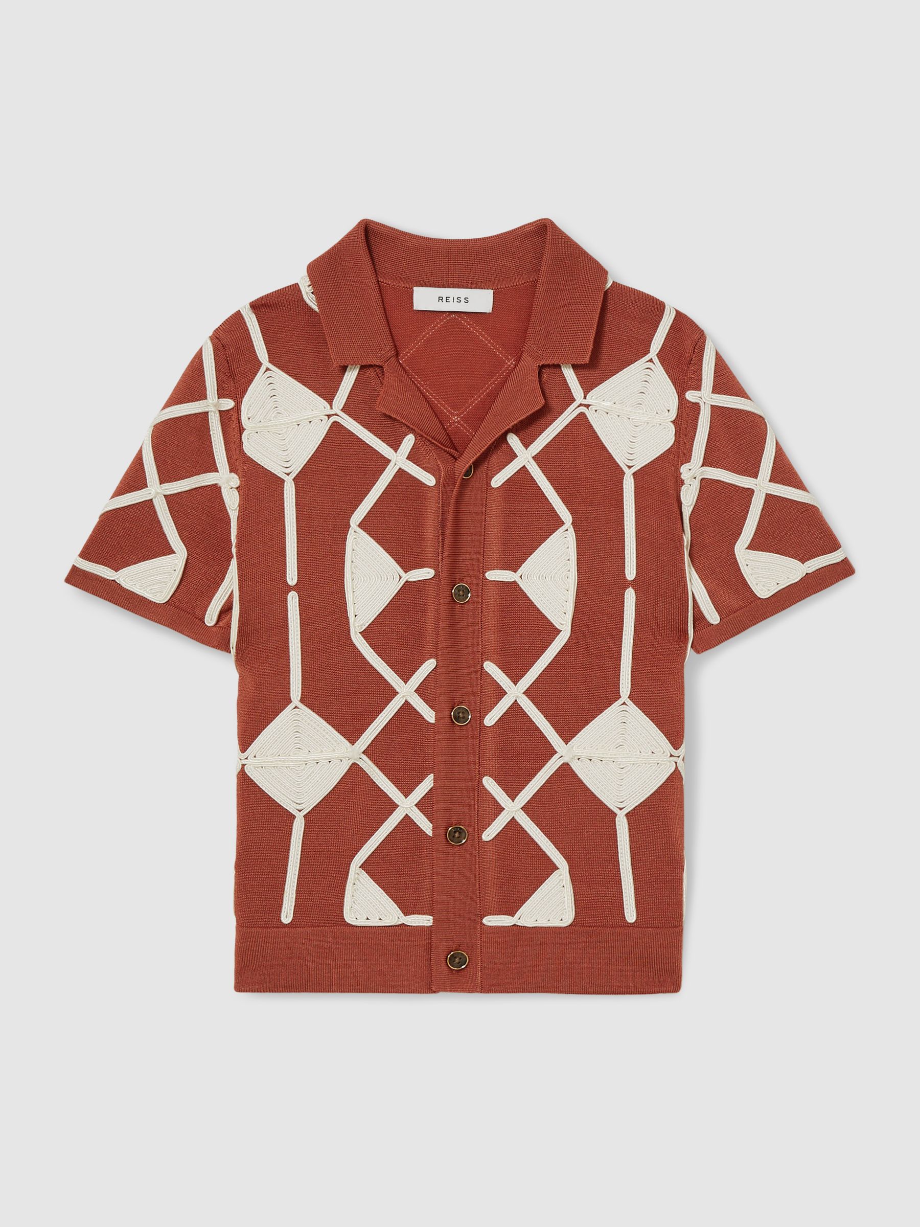 9-13 yrs Geometric Embroidery Knit Shirt in Paprika Red/Off White