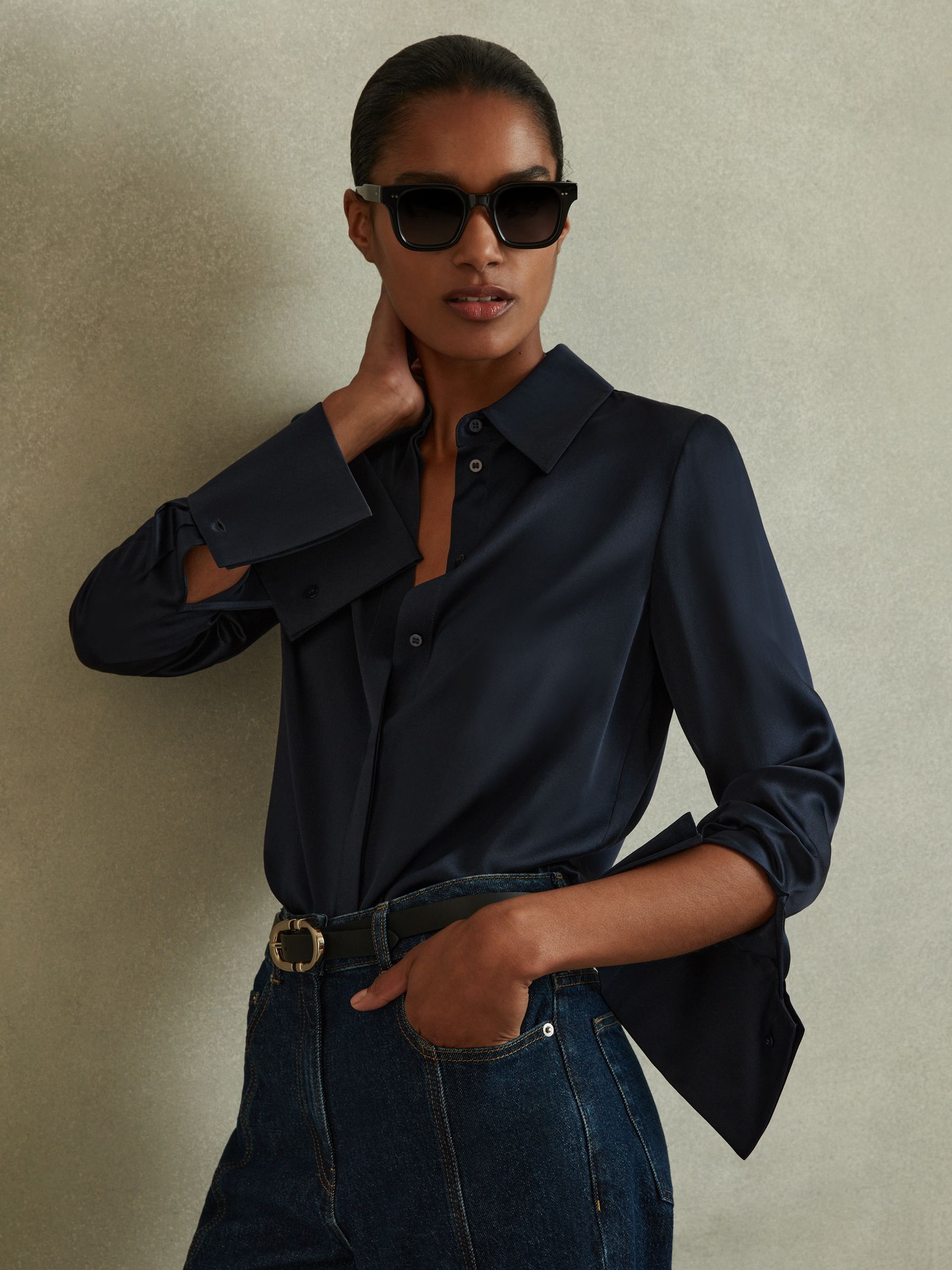 Silk Double-Cuff Button-Through Shirt in Navy