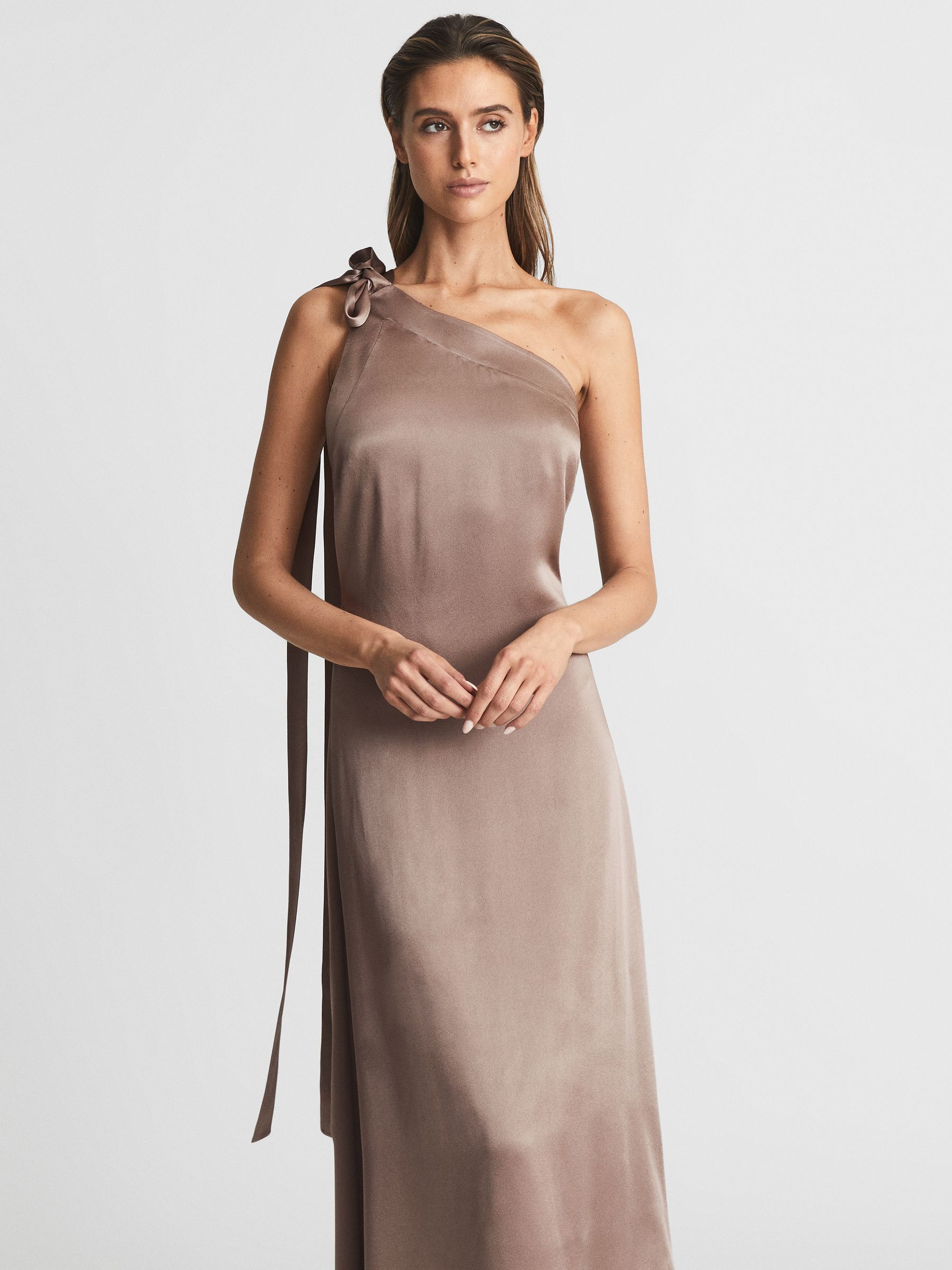 One Shoulder Asymmetric Maxi Dress in Mink