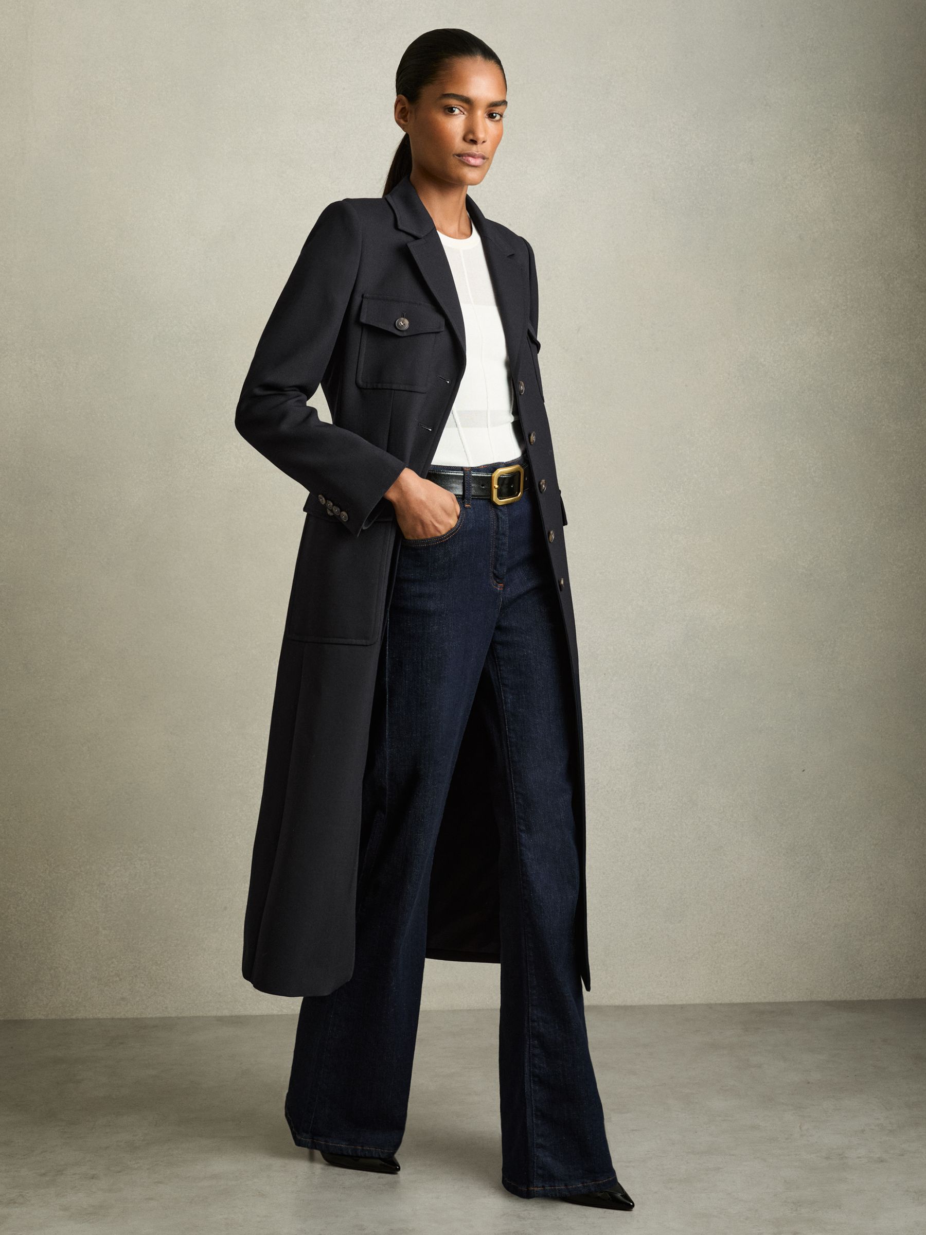 Wool-Blend Single-Breasted Coat in Navy