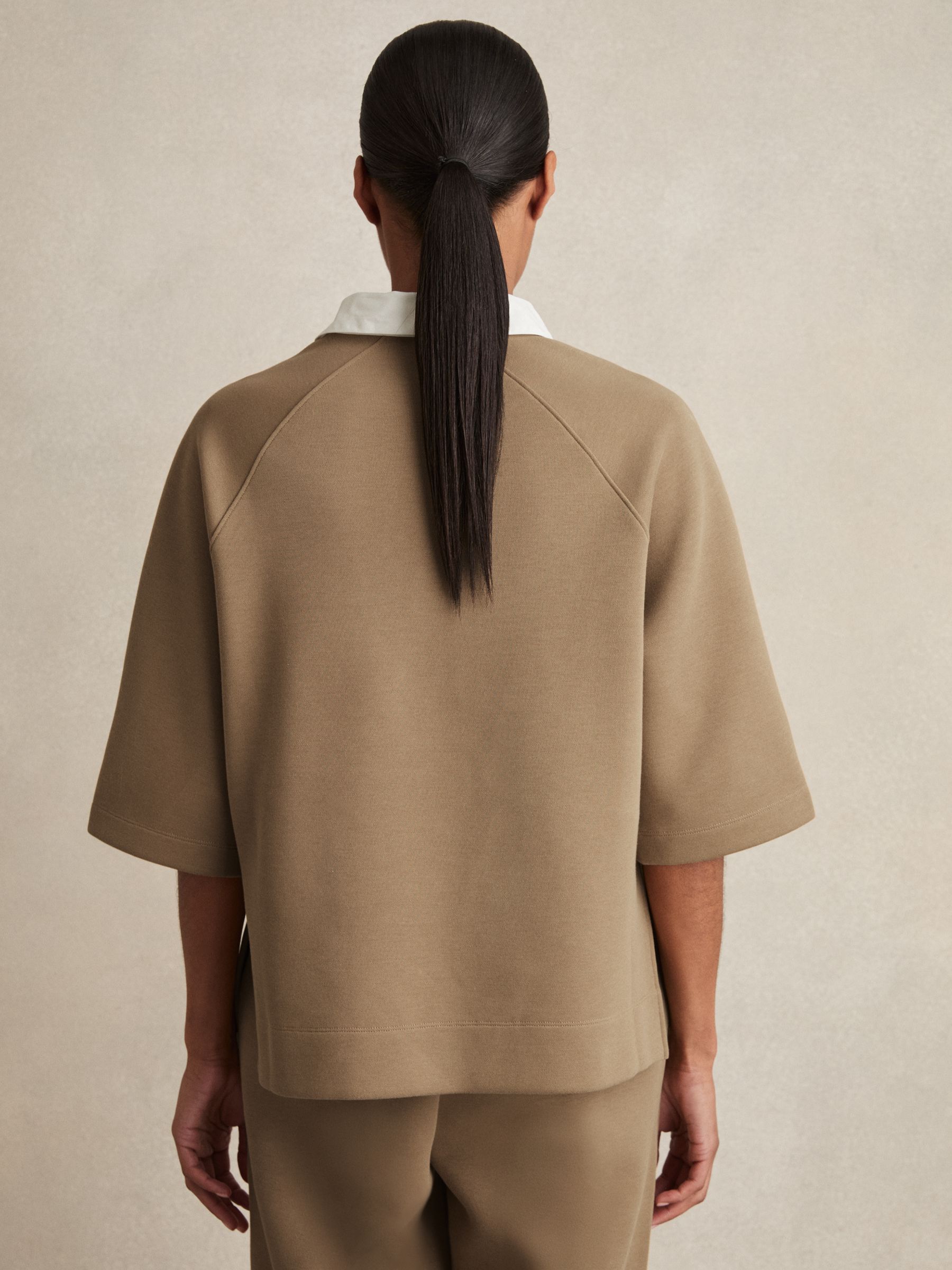 Cotton-Blend Interlock Collar Sweatshirt in Camel