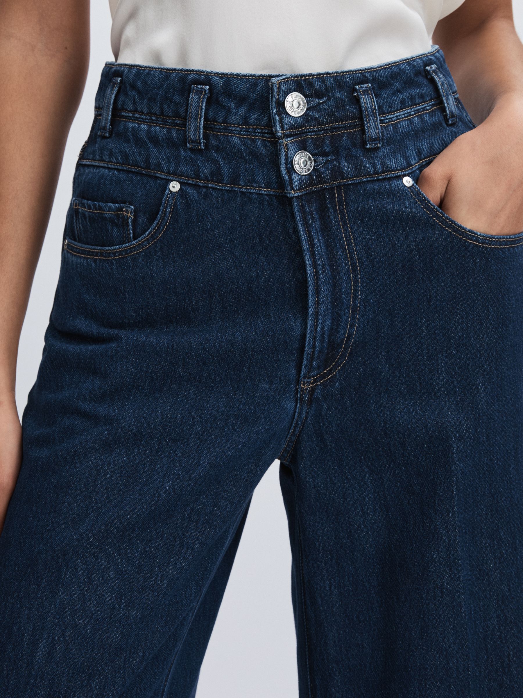 Paige Double Waistband Wide-Leg Jeans in Navy Blue