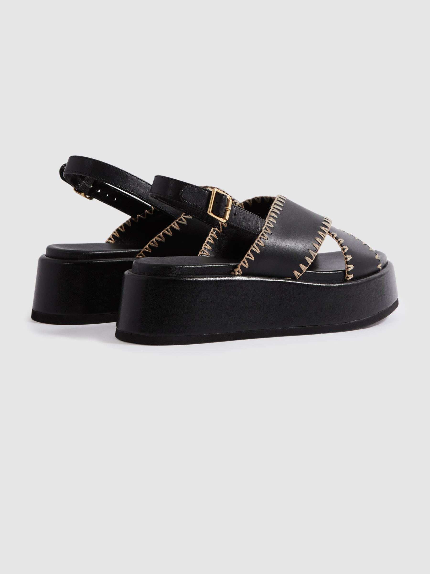 Leather Raffia Stitch Platform Sandals in Black