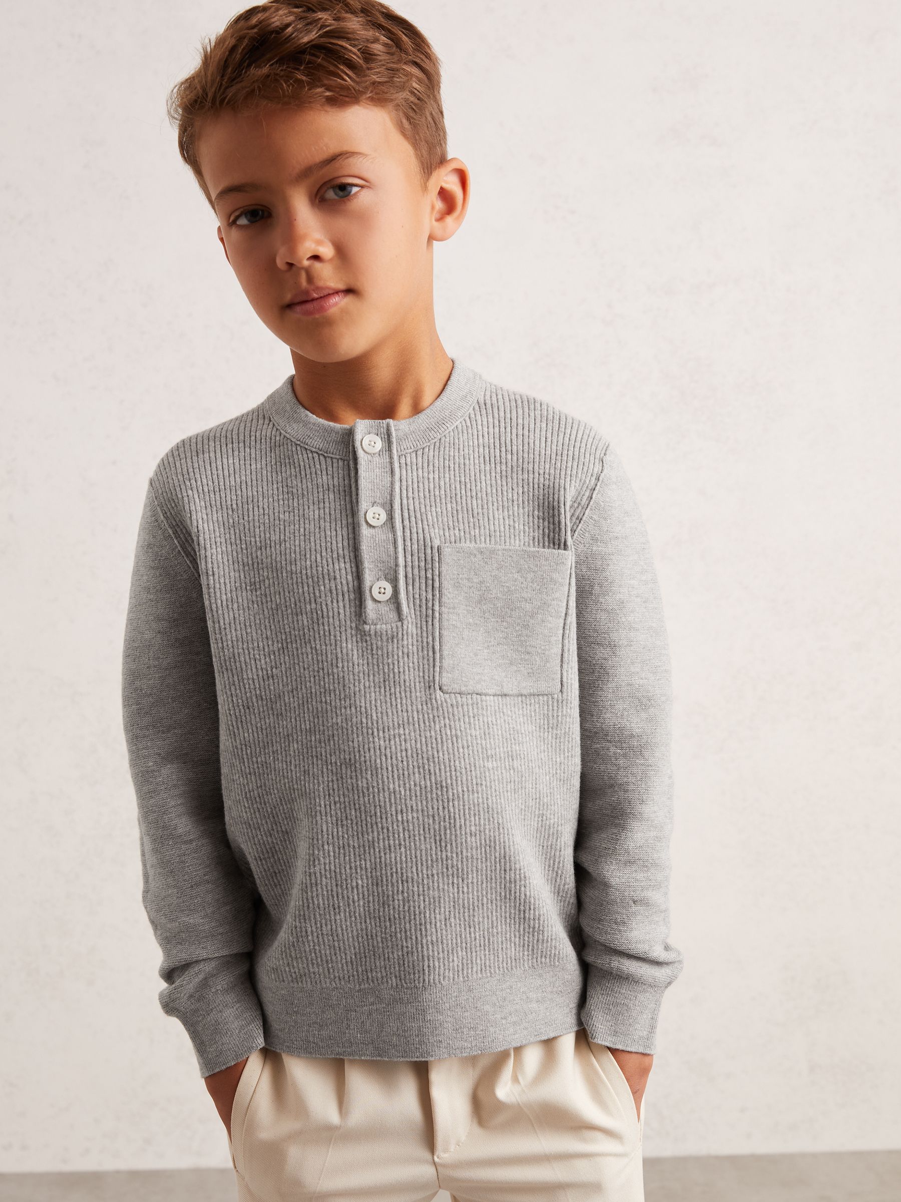 13-14 yrs Cotton-Blend Rib-Knit Henley Top in Mid Grey Melange