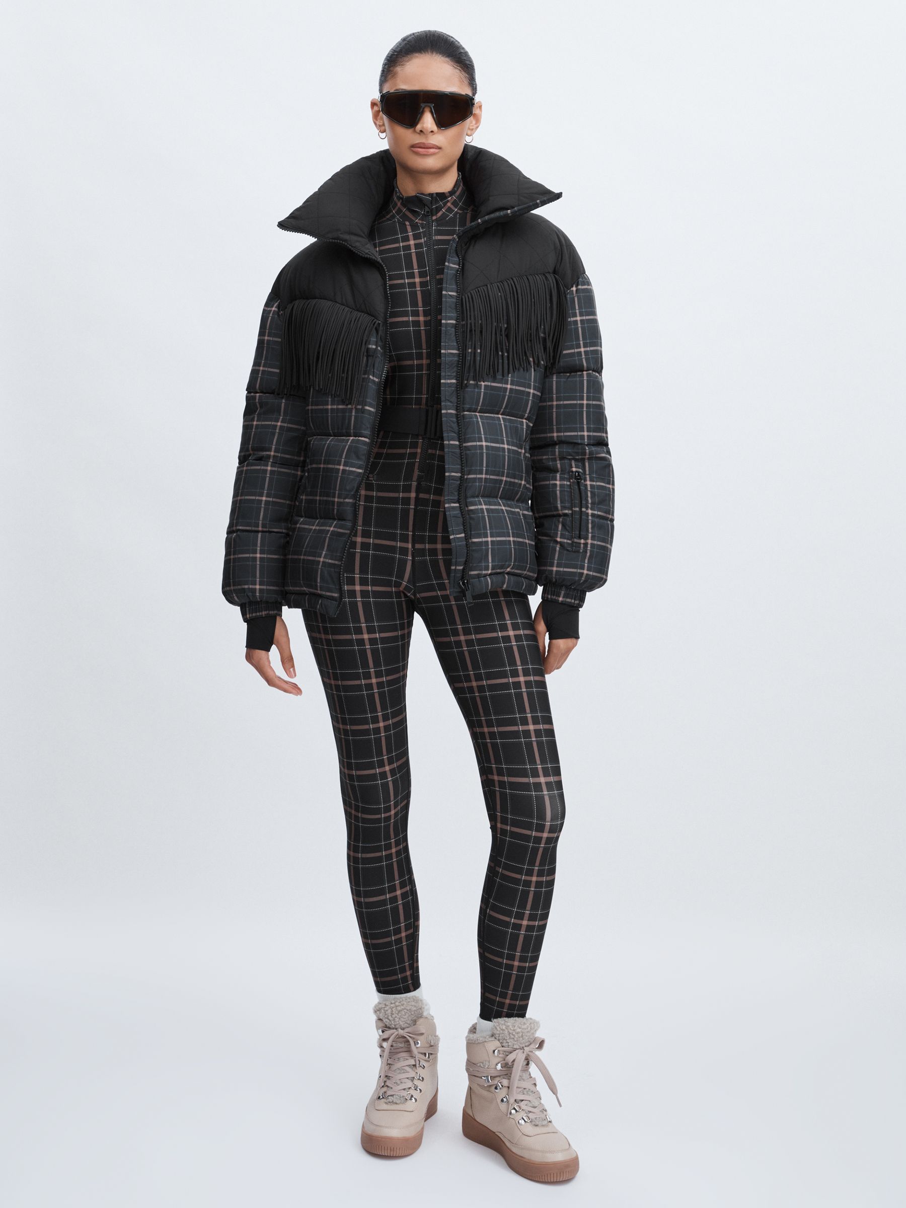 The Upside Fringed Check Puffer Coat in Black Check