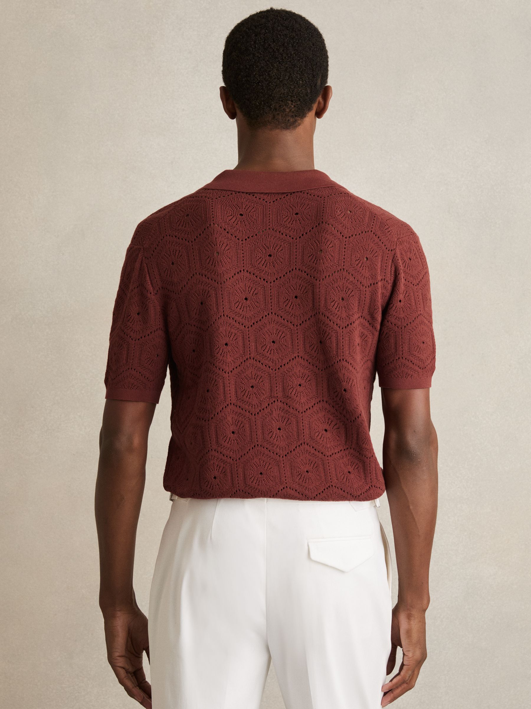 Pointelle Button-Through Shirt in Brick Red