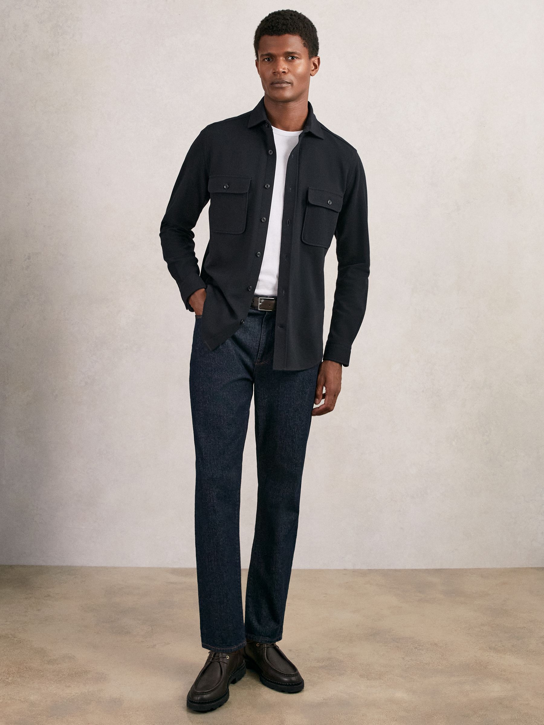 Textured Twin Pocket Cotton Blend Overshirt in Navy