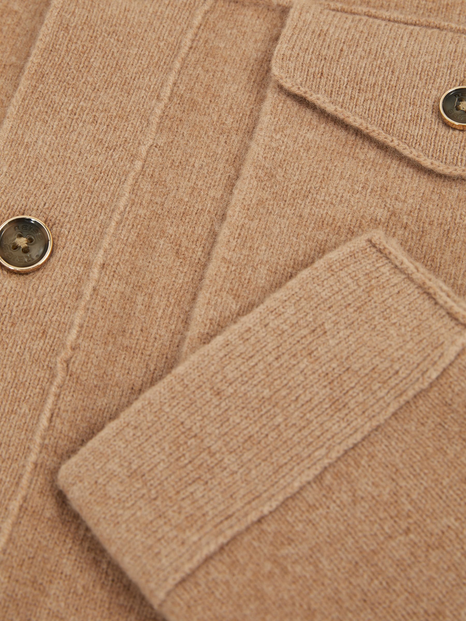 Wool Button Through Knitted Jacket in Camel Melange