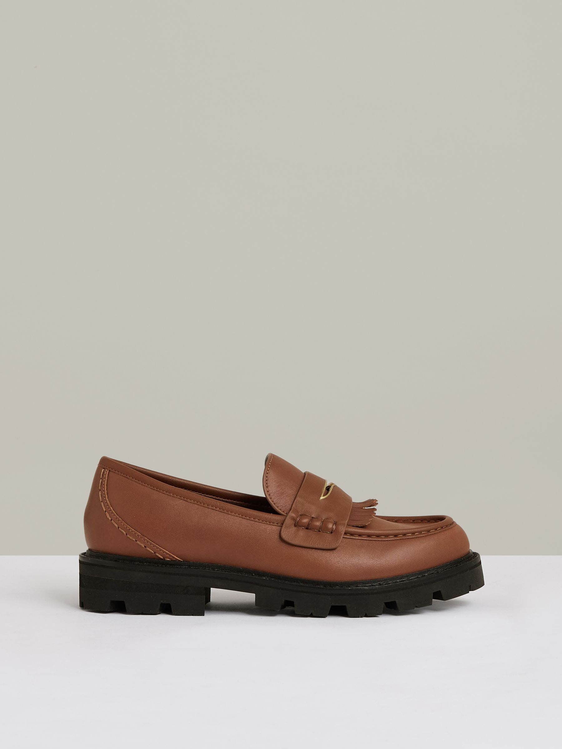Leather Fringed Chunky Penny Loafers in Tan