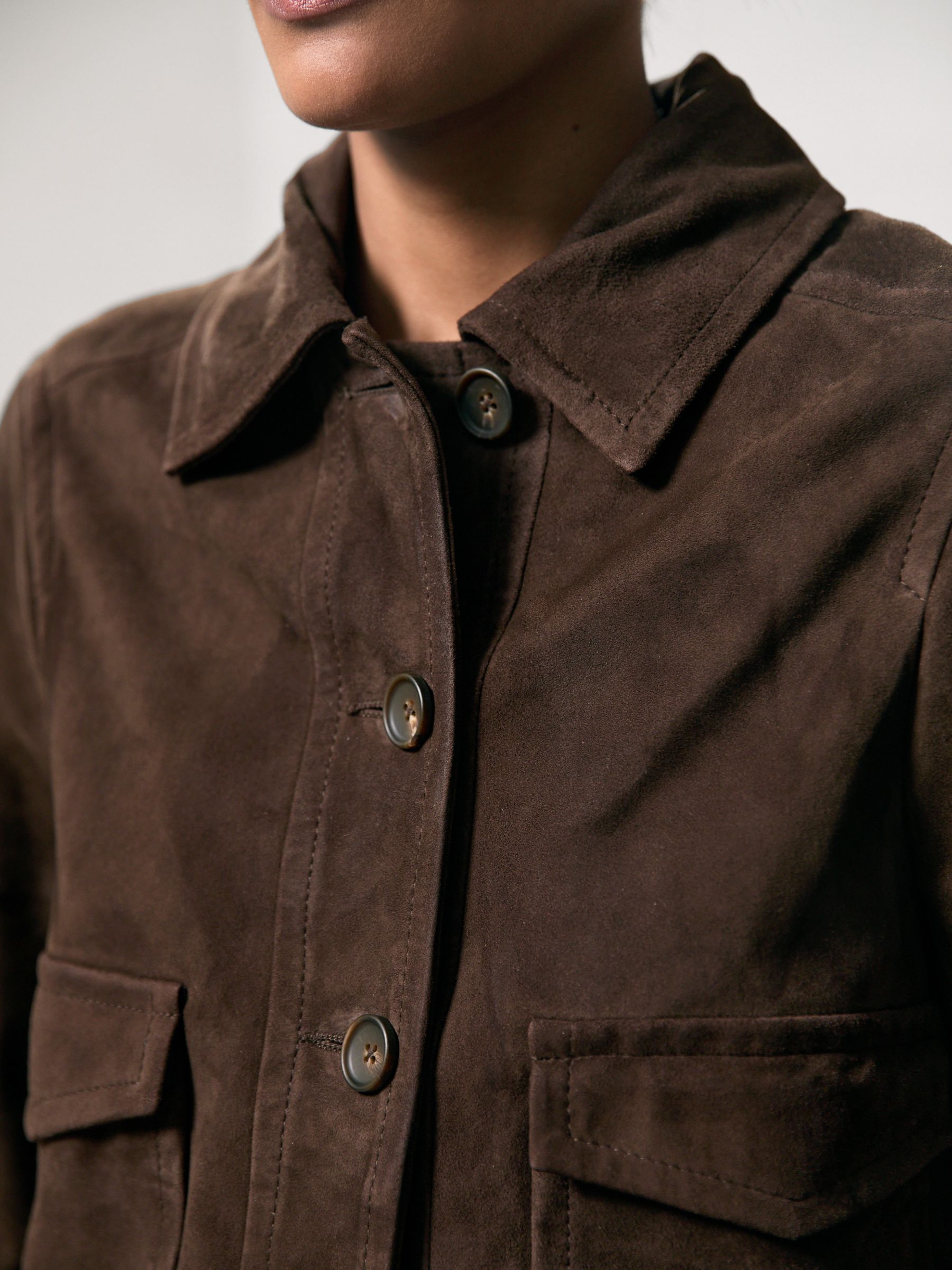 Petite Suede Trucker Jacket in Chocolate Brown