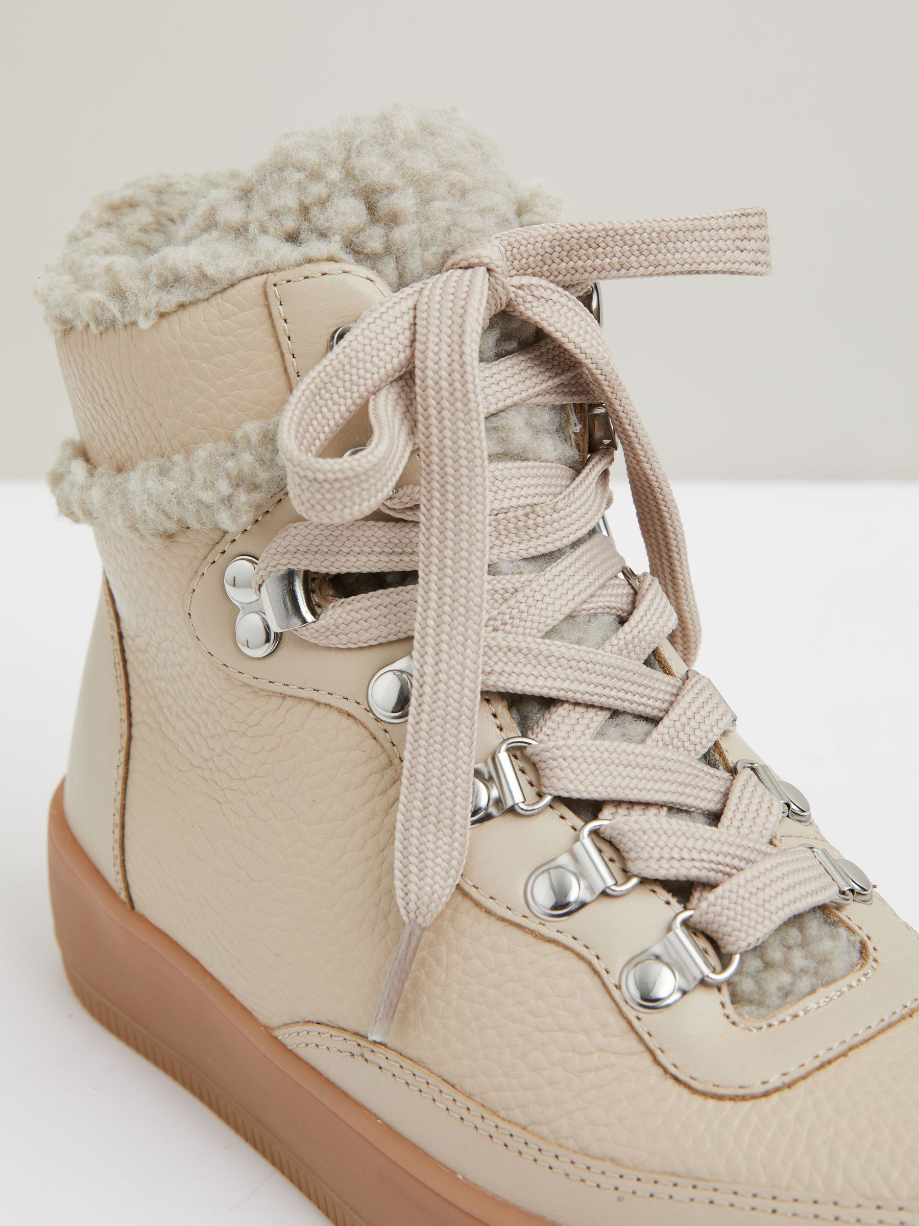 Grained Leather and Fleece Ankle Boots in Cream