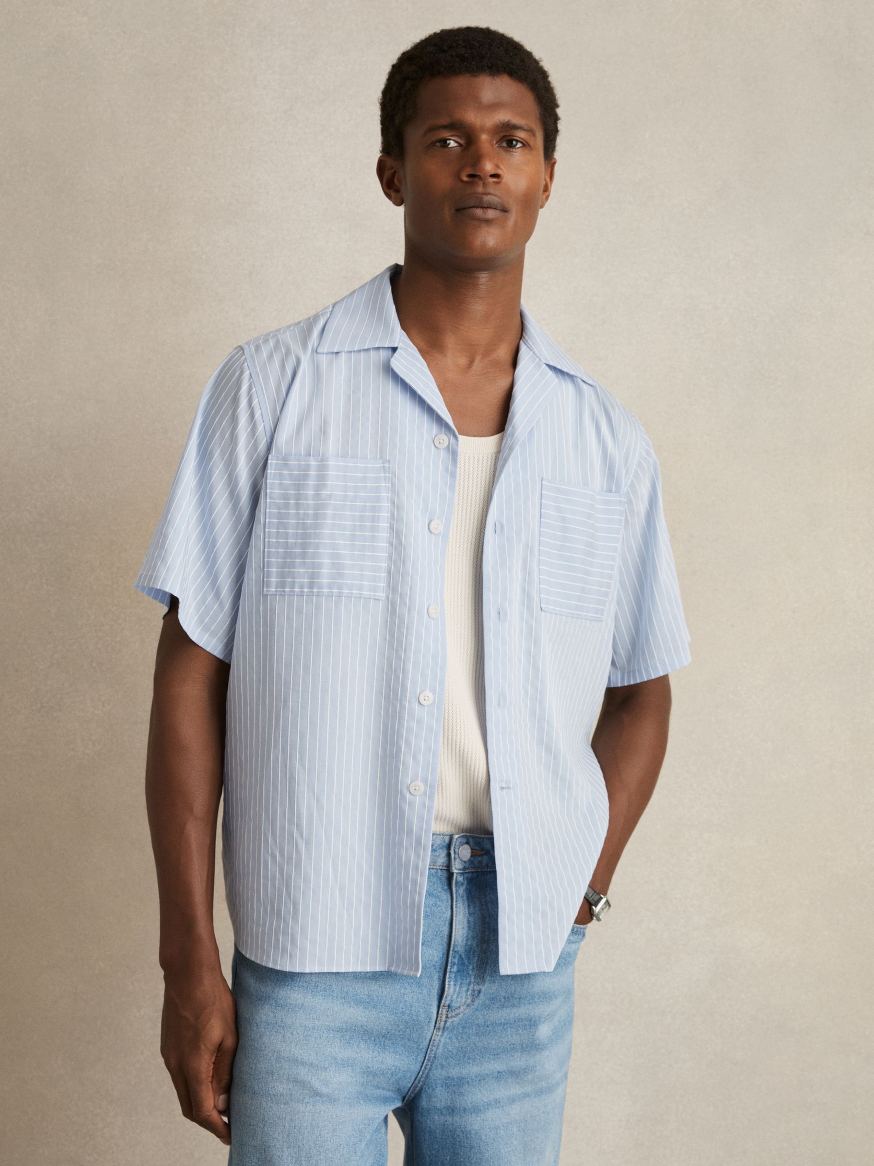 Lyocell-Blend Stripe Twin-Pocket Shirt in Soft Blue/White