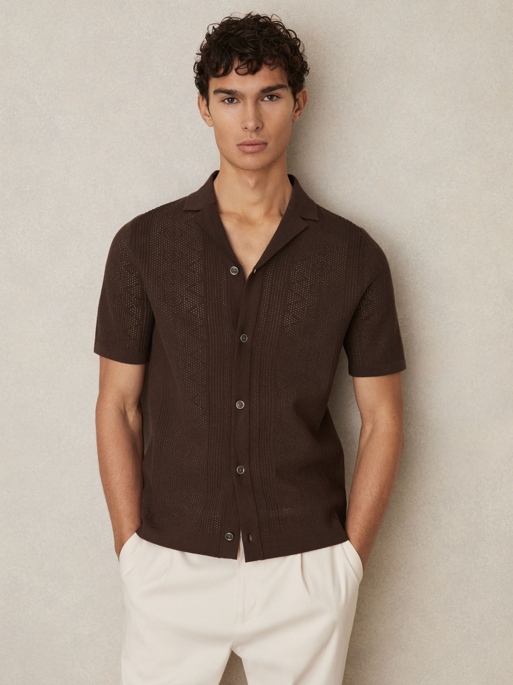 Textured-Knit Short-Sleeve Shirt in Chocolate Brown