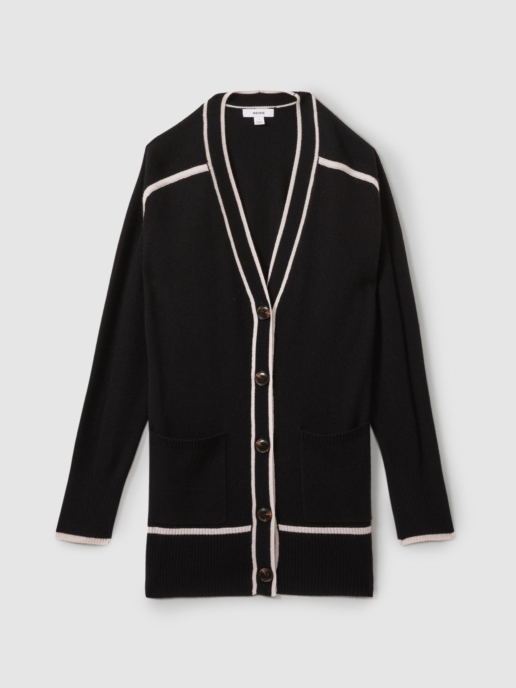 Wool Blend Contrast Tipped Cardigan with Cashmere in Black/Stone