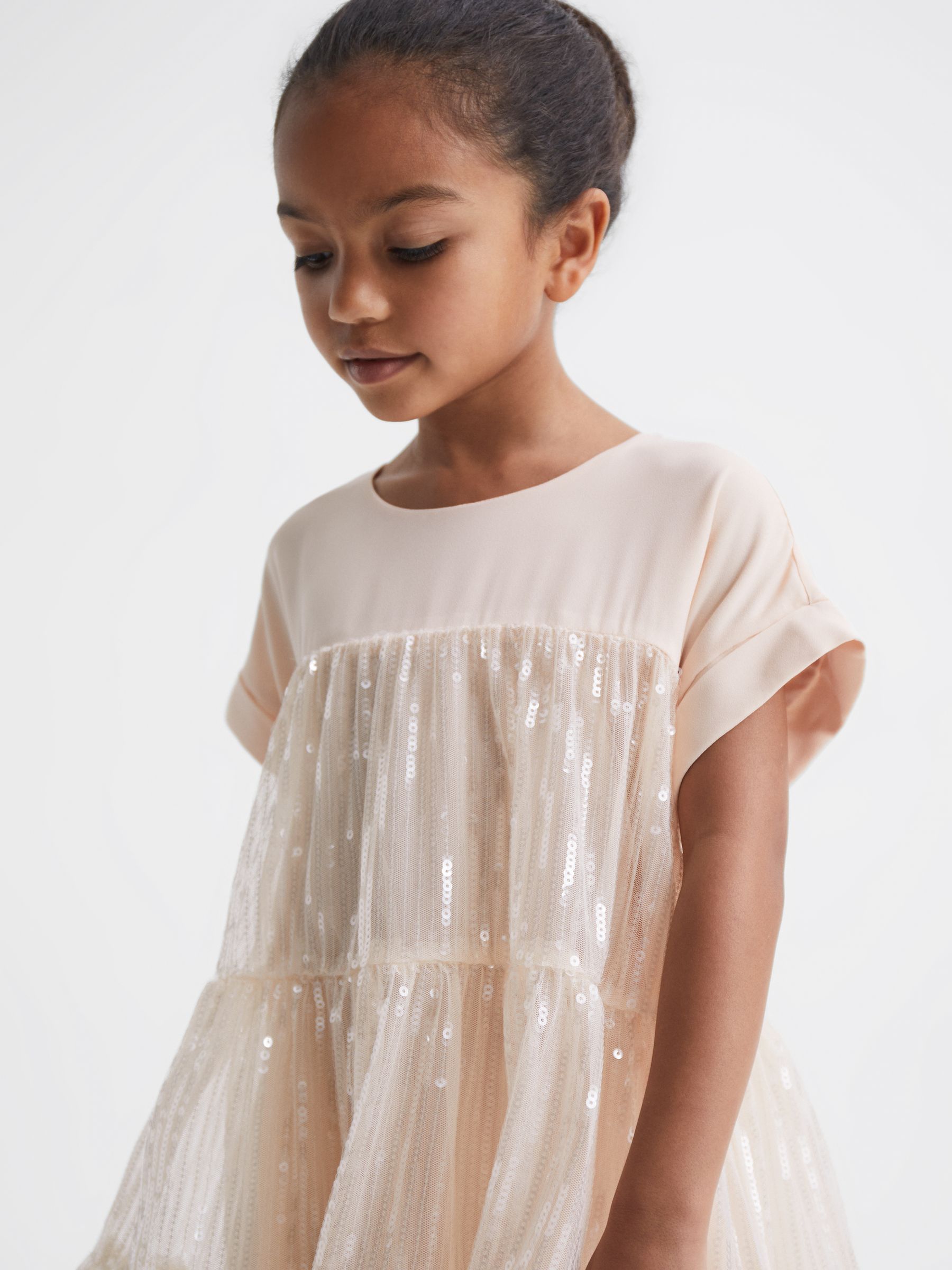 9-12 yrs Sequin Tiered Dress in Pale Pink