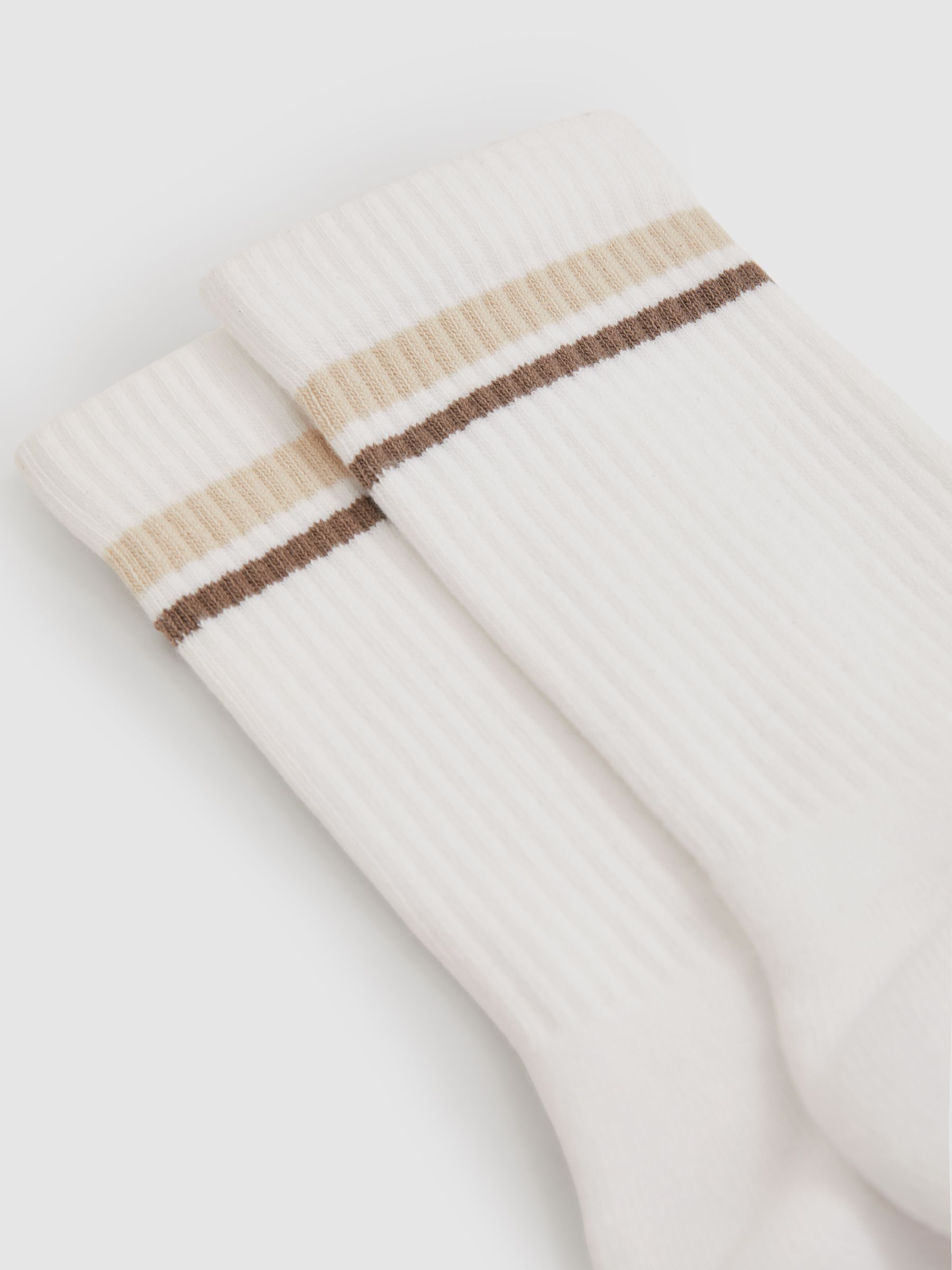 Cotton-Blend Striped Crew Socks in White