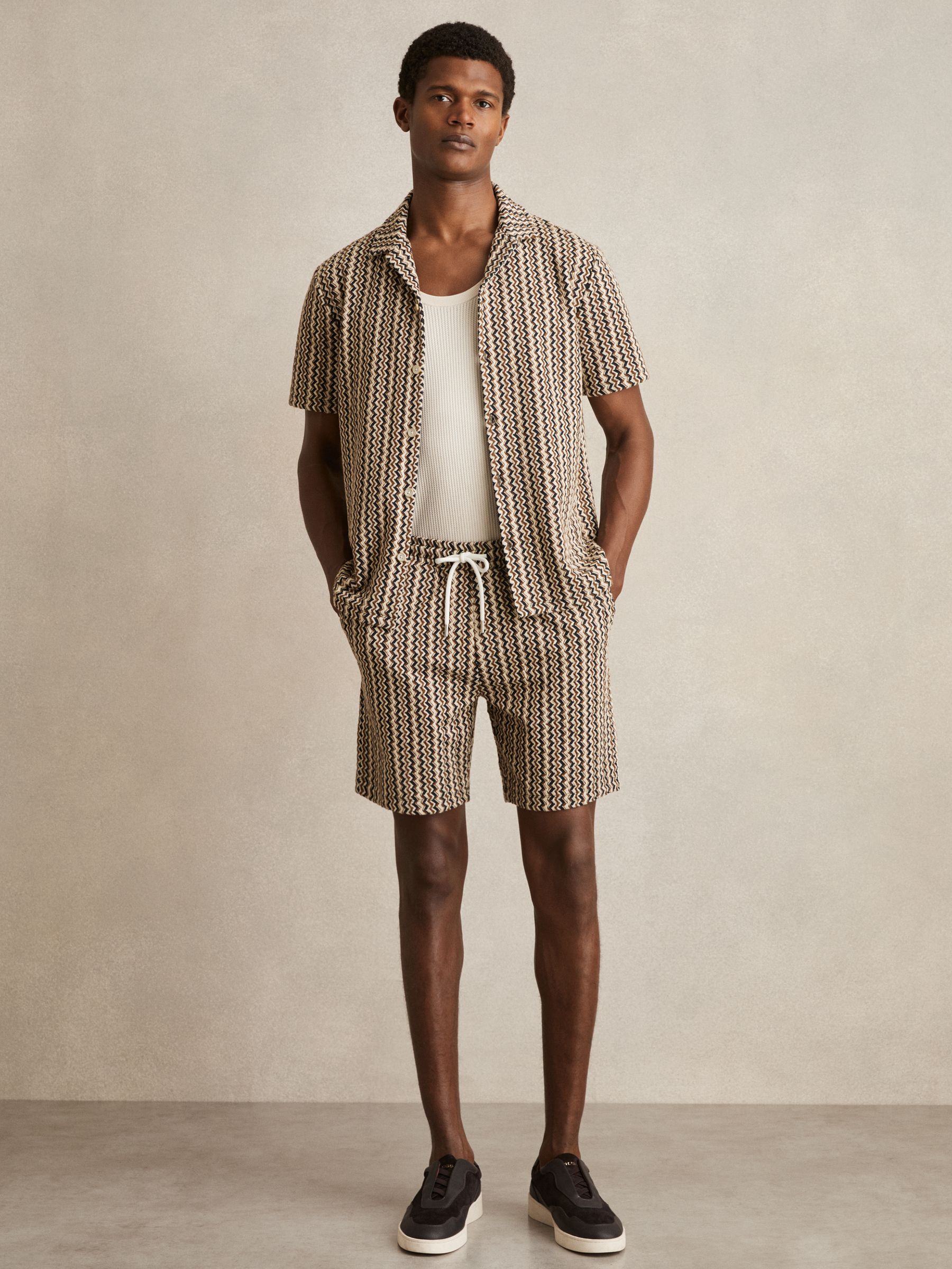 Zig-Zag Knit Cuban-Collar Shirt in Tobacco Brown