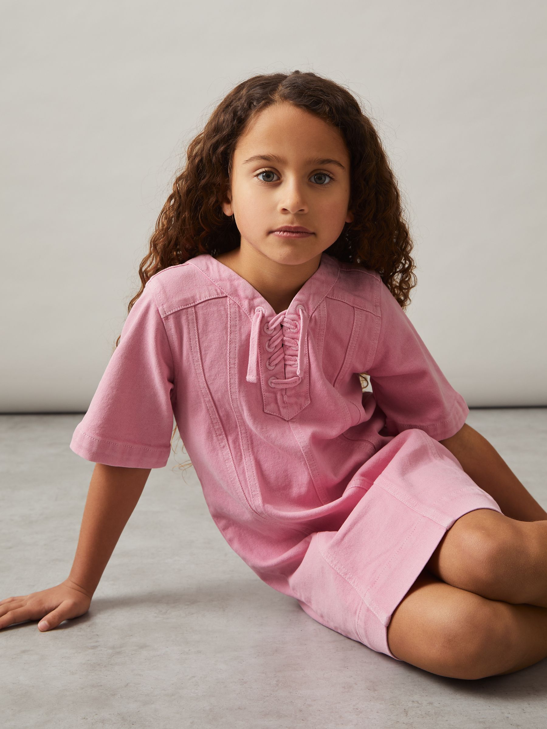 9-13 yrs Lace-Up Detail Denim Dress in Pink