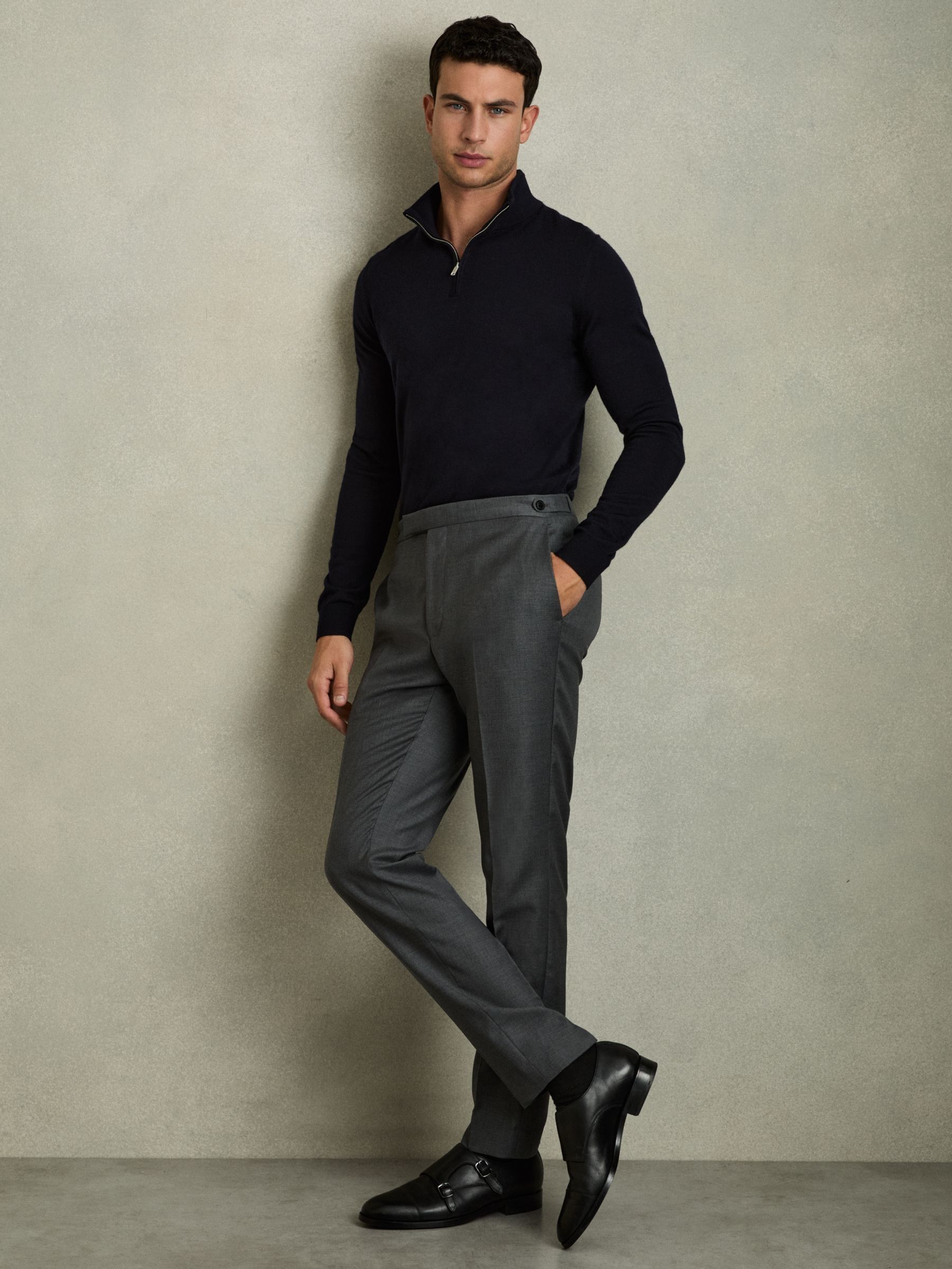 Merino Wool Half-Zip Funnel Neck Jumper in Navy