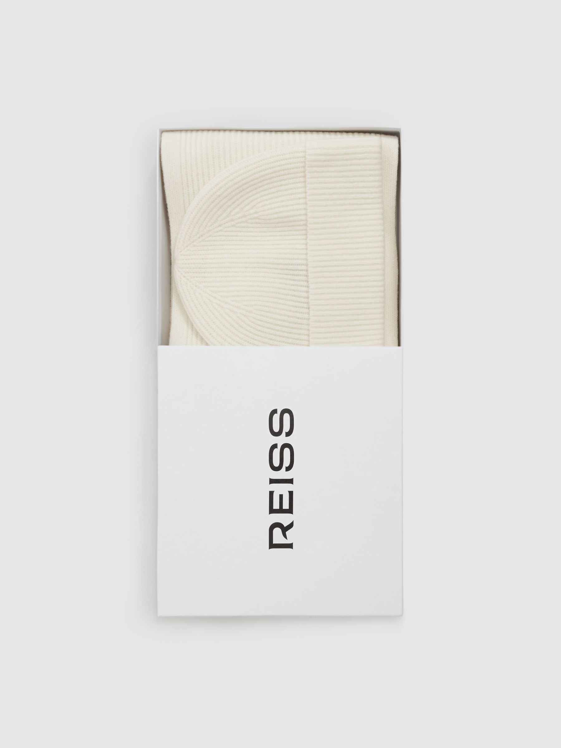 Merino Wool Ribbed Scarf And Beanie Set in Off White