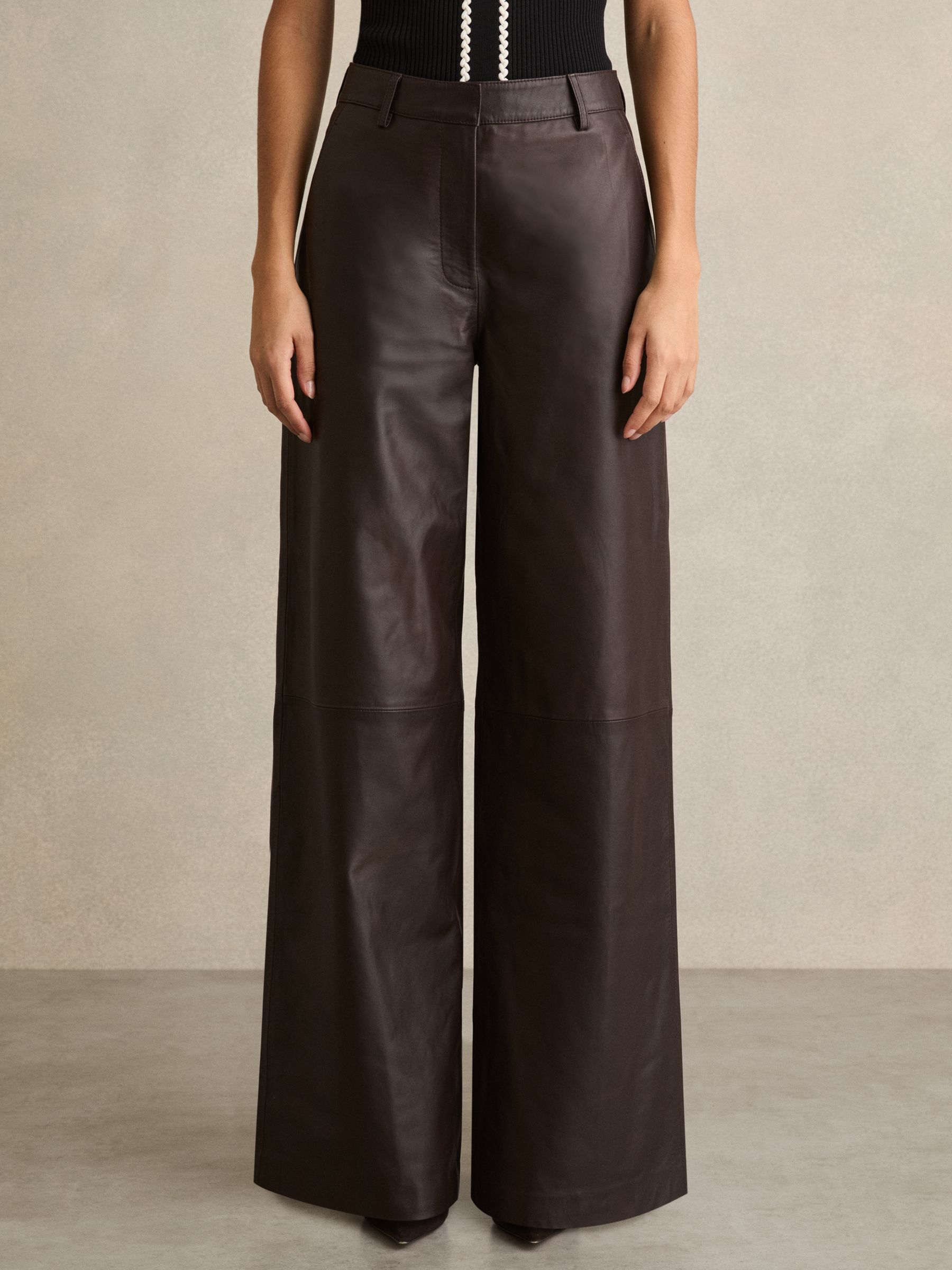 Petite Leather Wide Leg Trousers in Chocolate