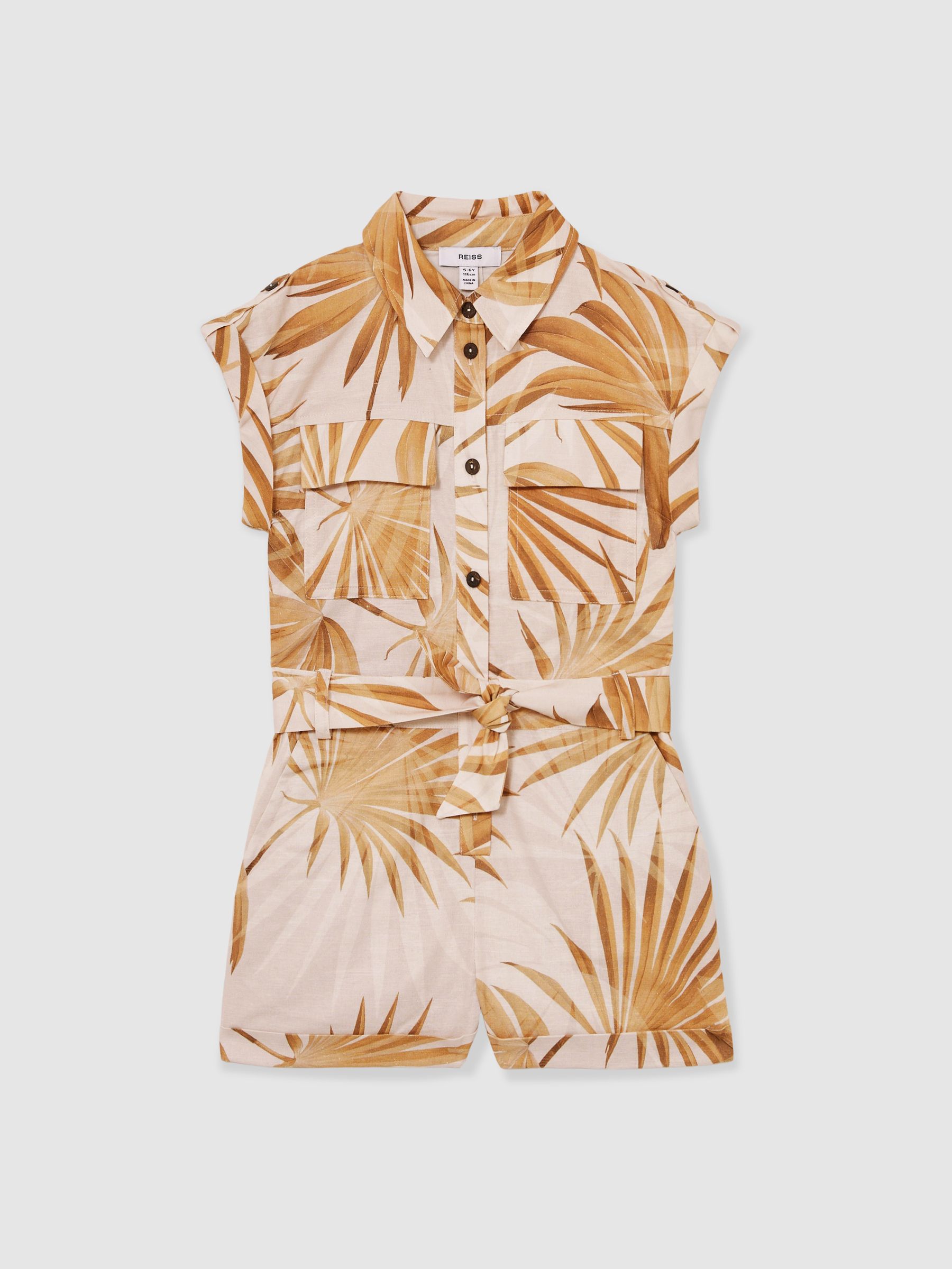 9-13 yrs Cotton-Linen Palm-Print Playsuit in Multi