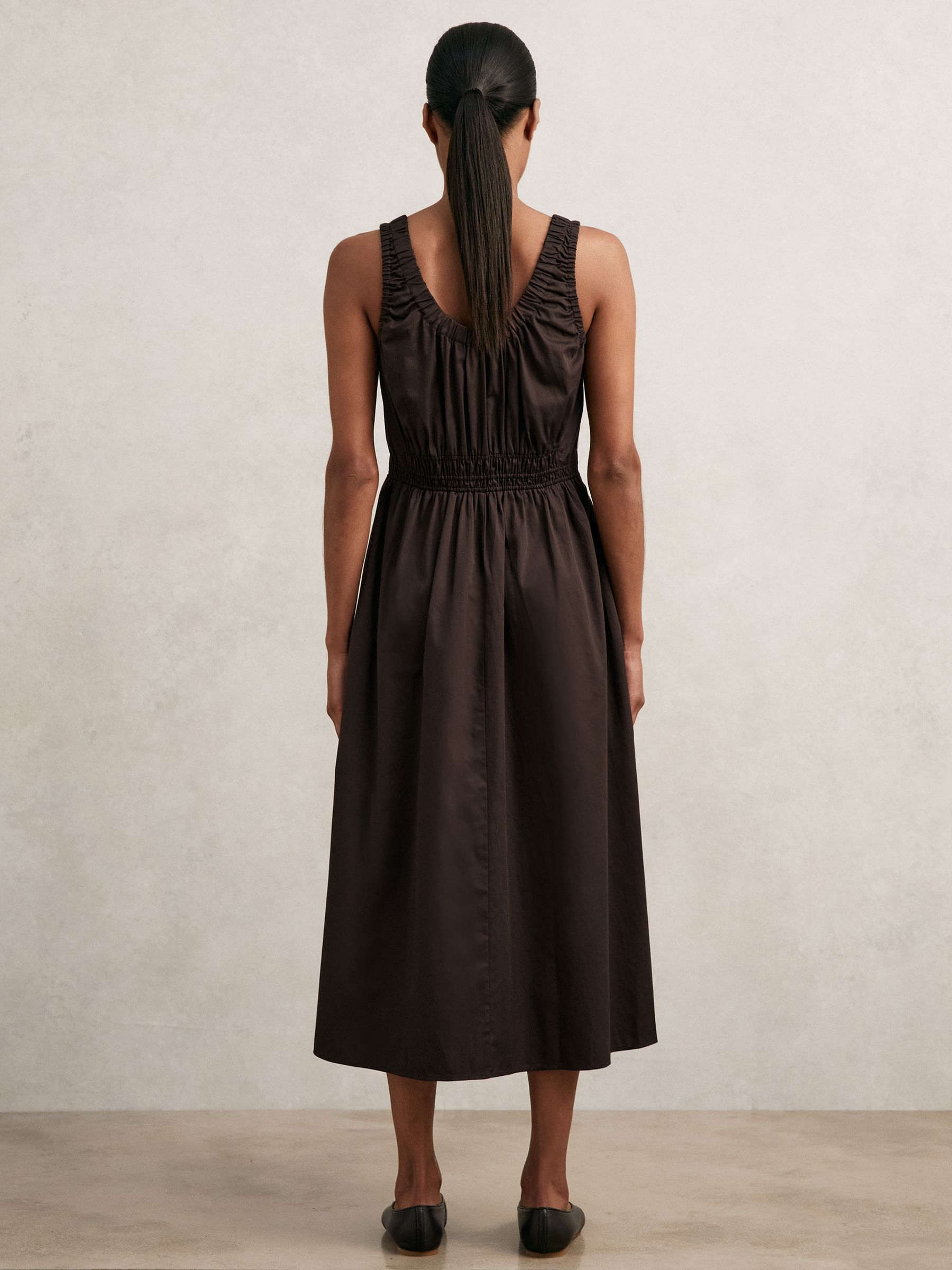 Cotton Craft-Stitch Shirred Midi Dress in Brown