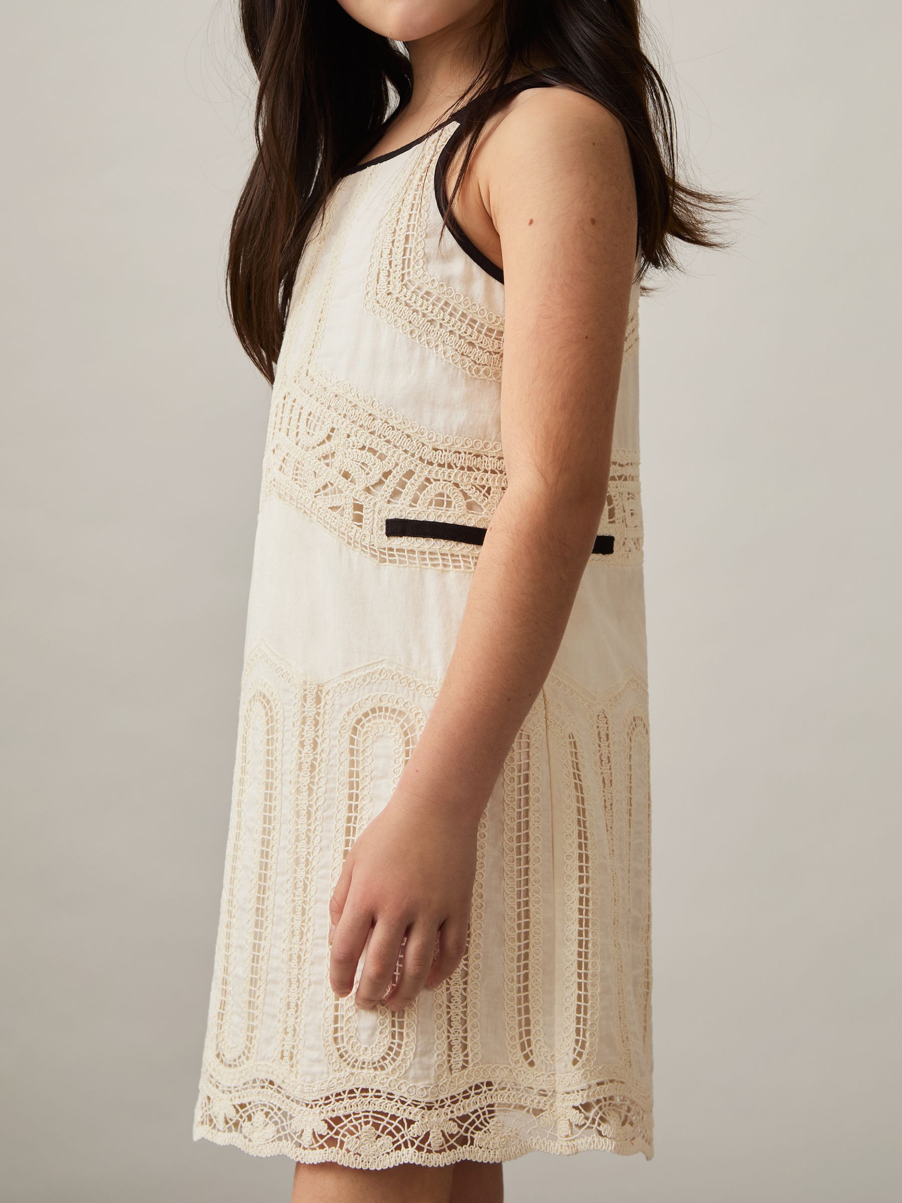 9-13 yrs Cotton Contrast-Trim Lace Dress in Ivory