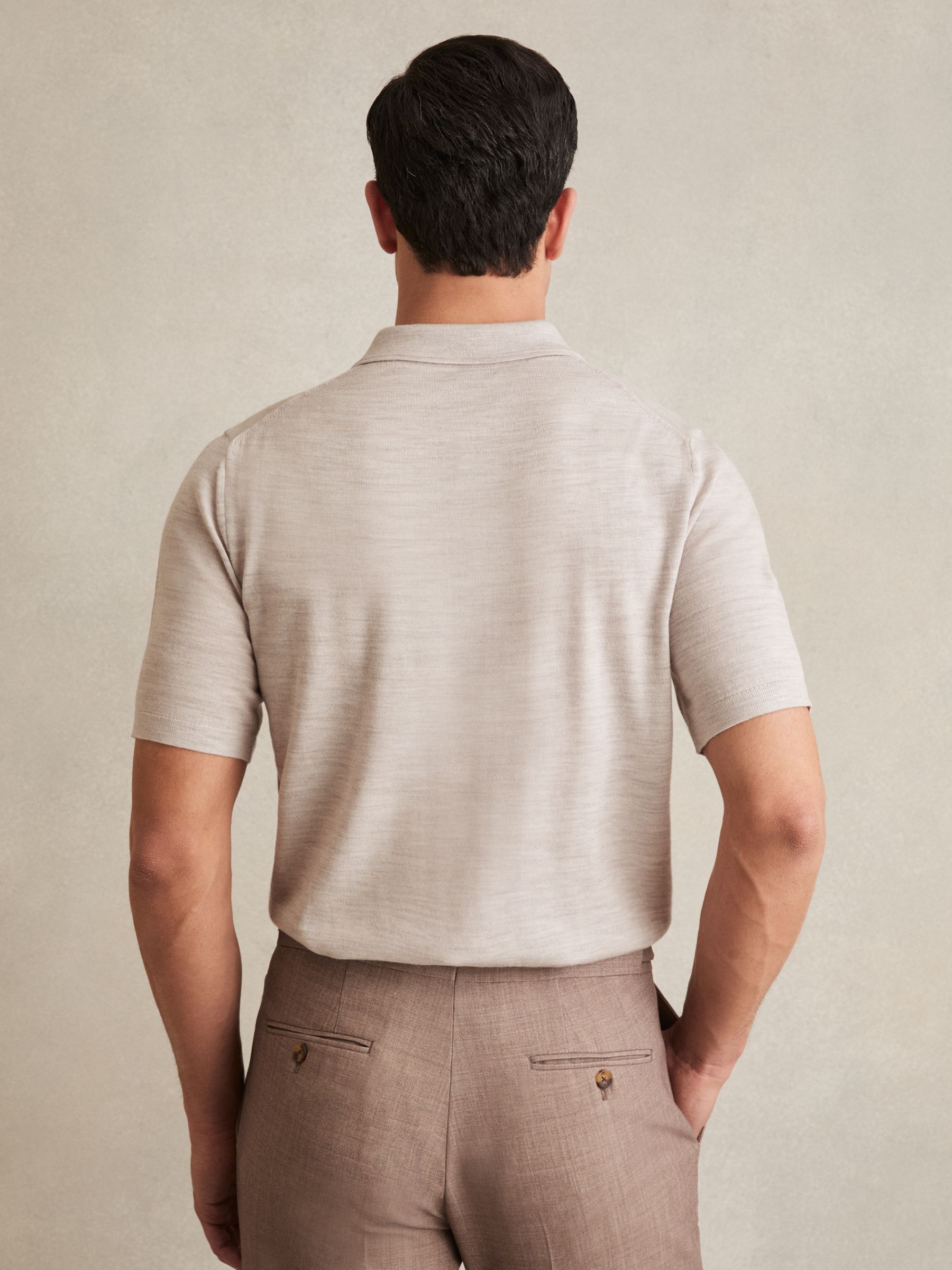 Merino Wool Short-Sleeve Polo Shirt in Wicker Brown Melange