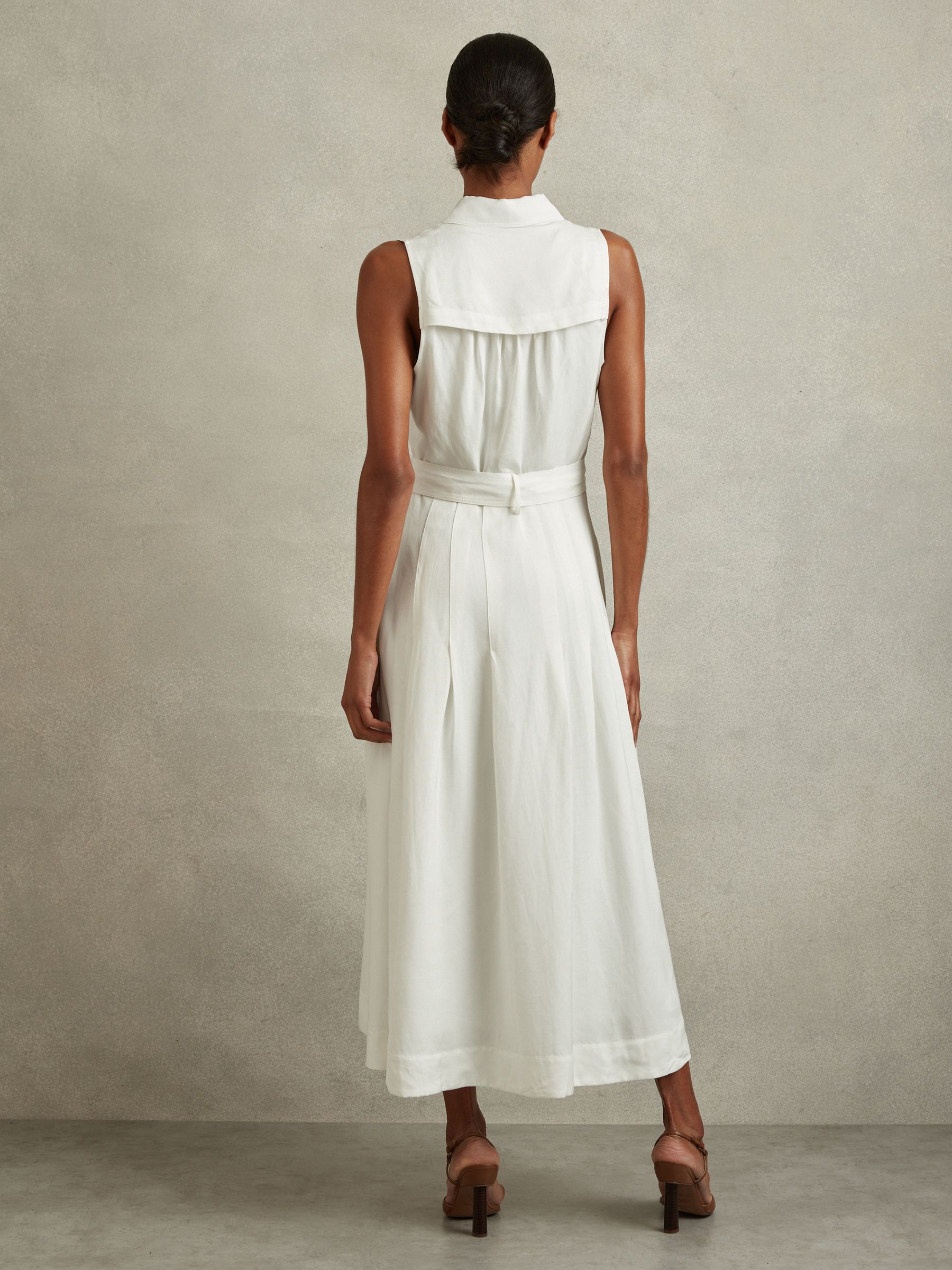 Viscose-Linen Belted Midi Dress in White