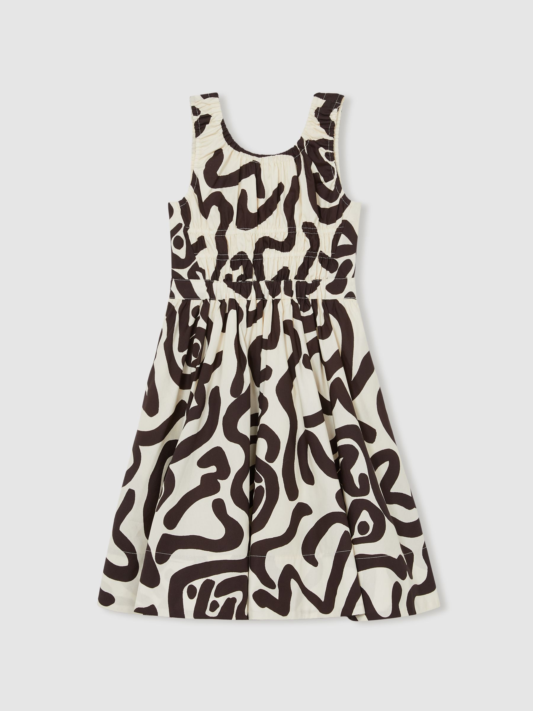 13-14 yrs Cotton Shirred Printed Dress in Ivory Print