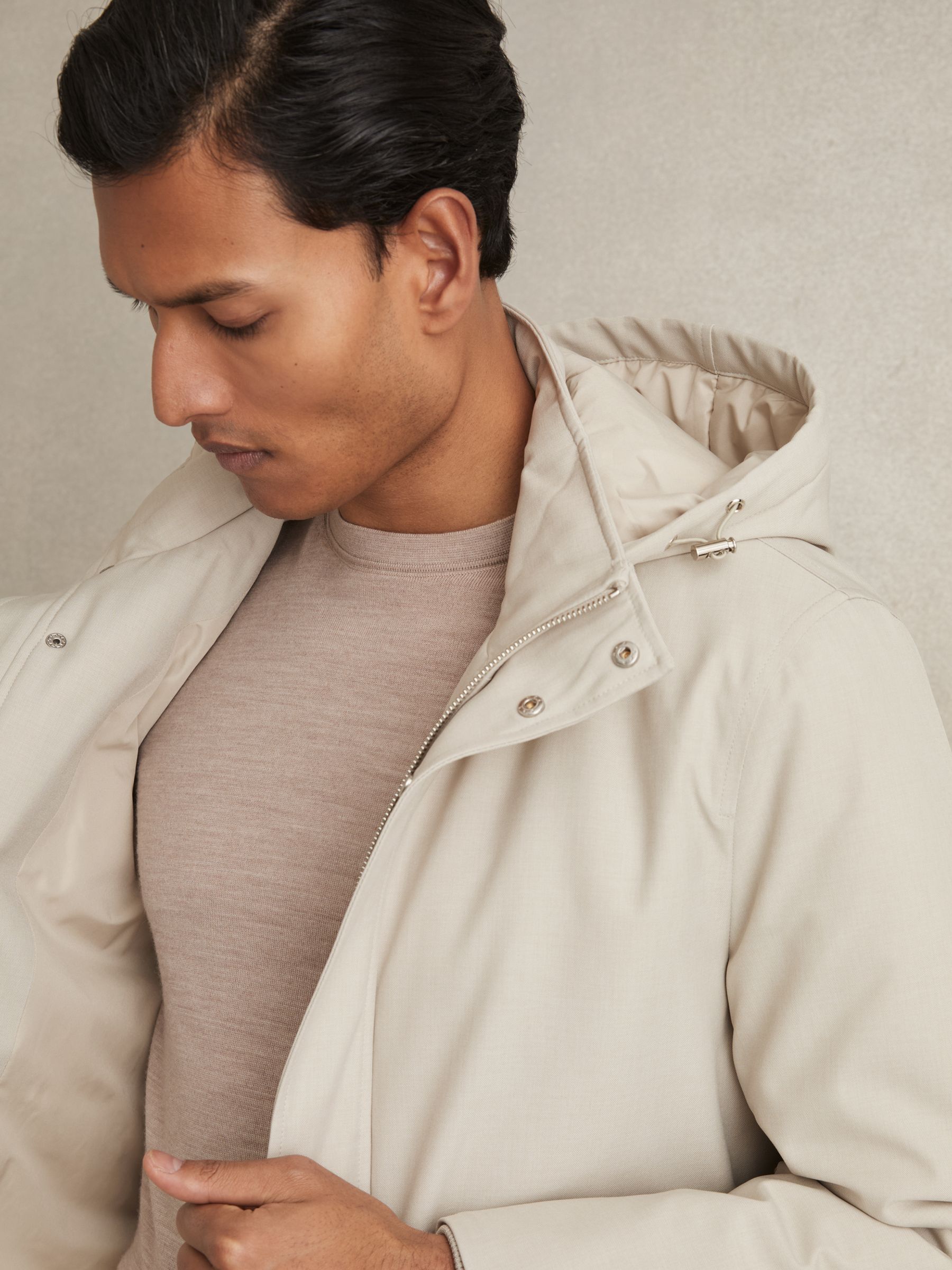 Hooded Zip-Through Padded Jacket in Stone