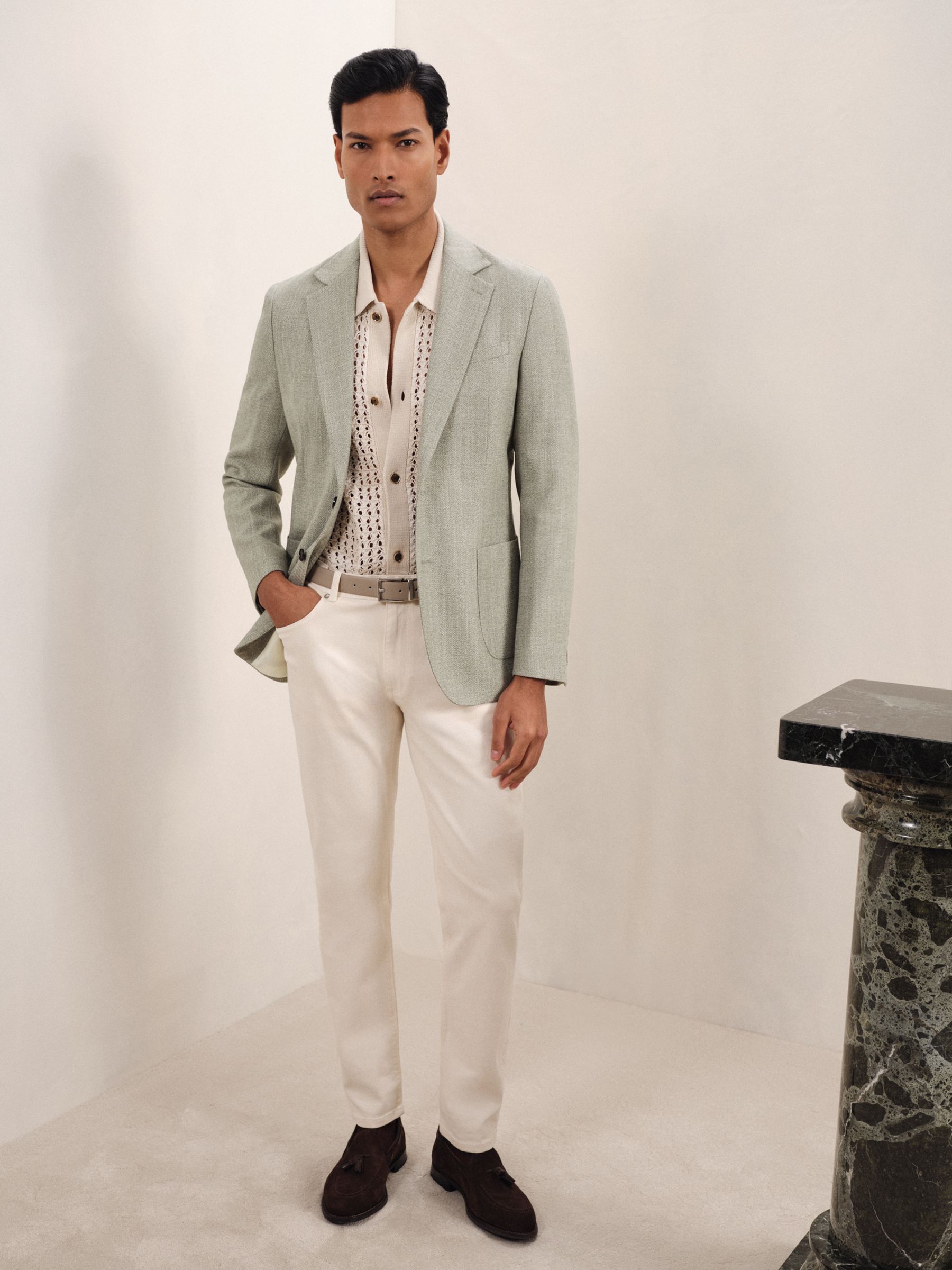 Slim-Fit Single-Breasted Wool-Blend Textured Blazer in Sage Green