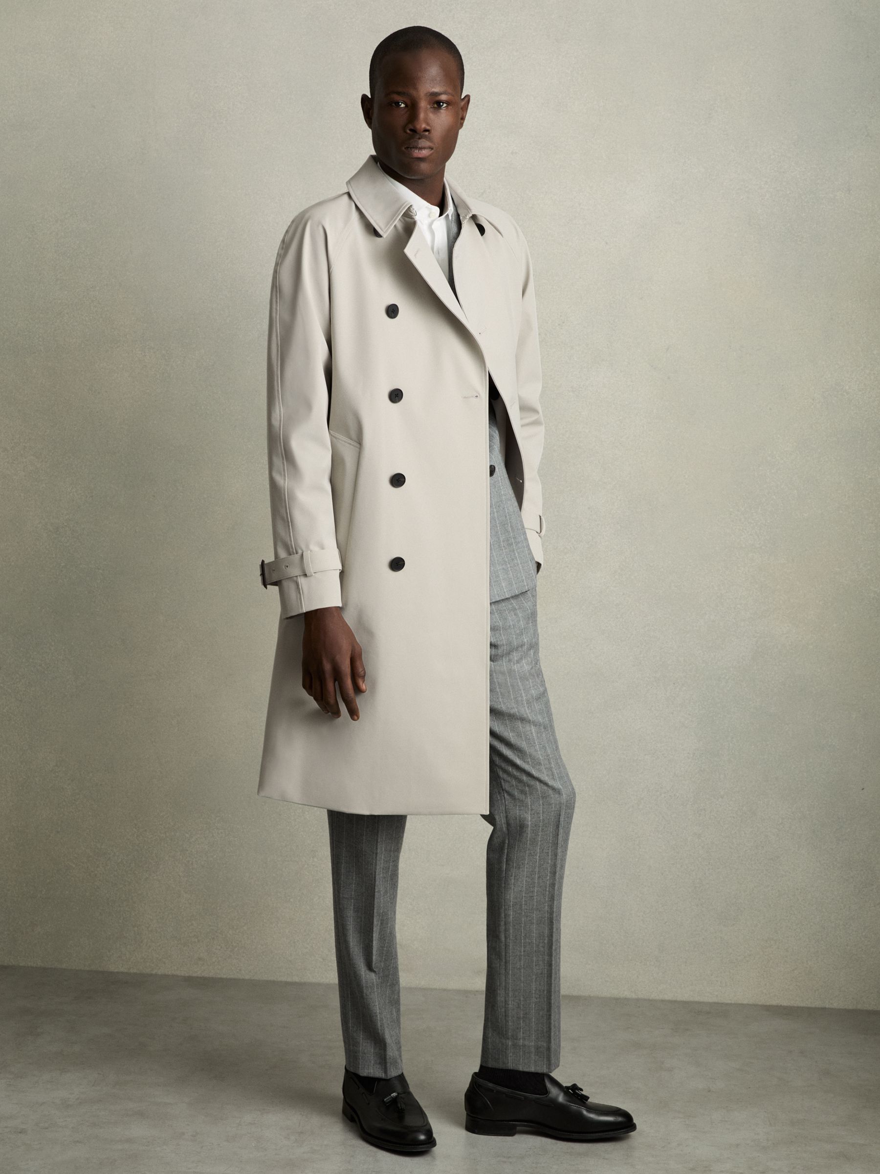 Double Breasted Long Trench Coat in Stone