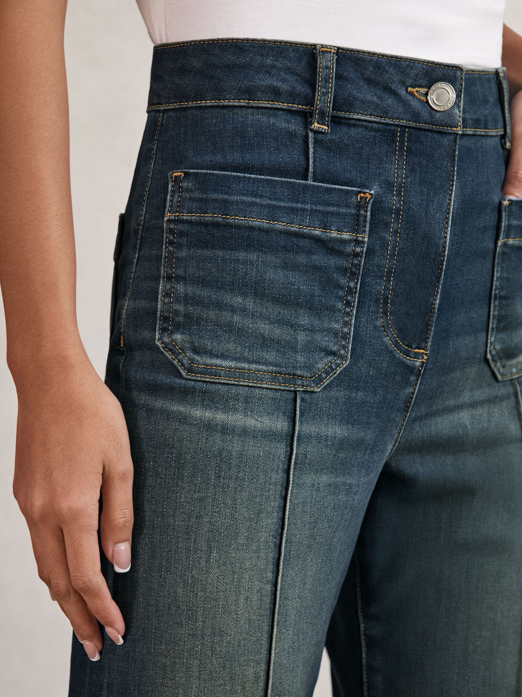 Patch-Pocket Flared Jeans in Mid Blue