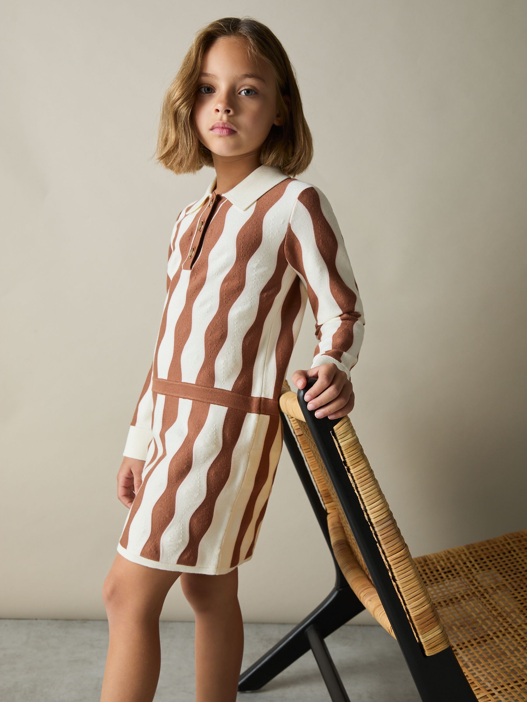 9-13 yrs Zig-Zag Knit Collared Dress in Ecru