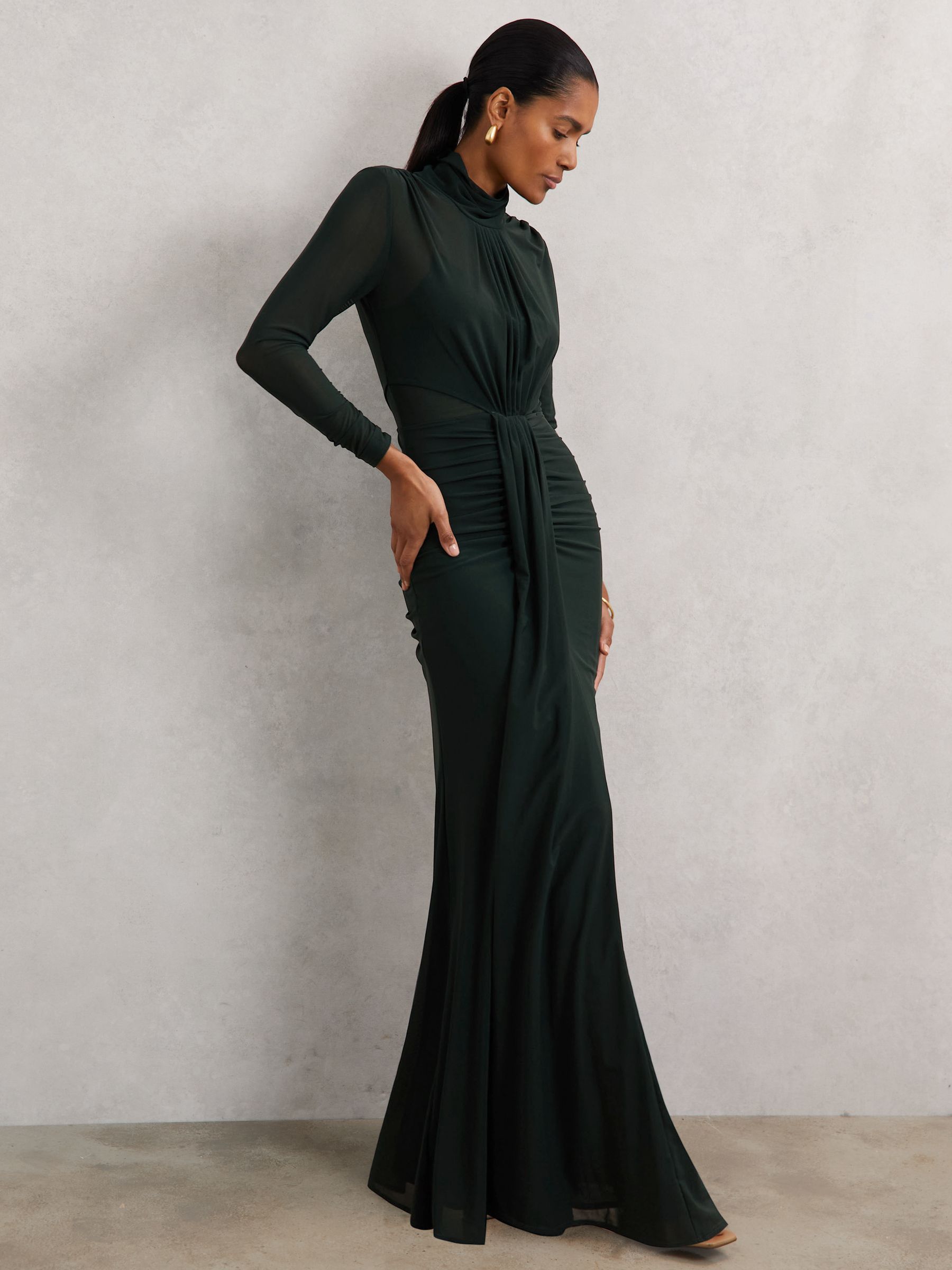 Petite Ruched Long-Sleeve Maxi Dress in Dark Green