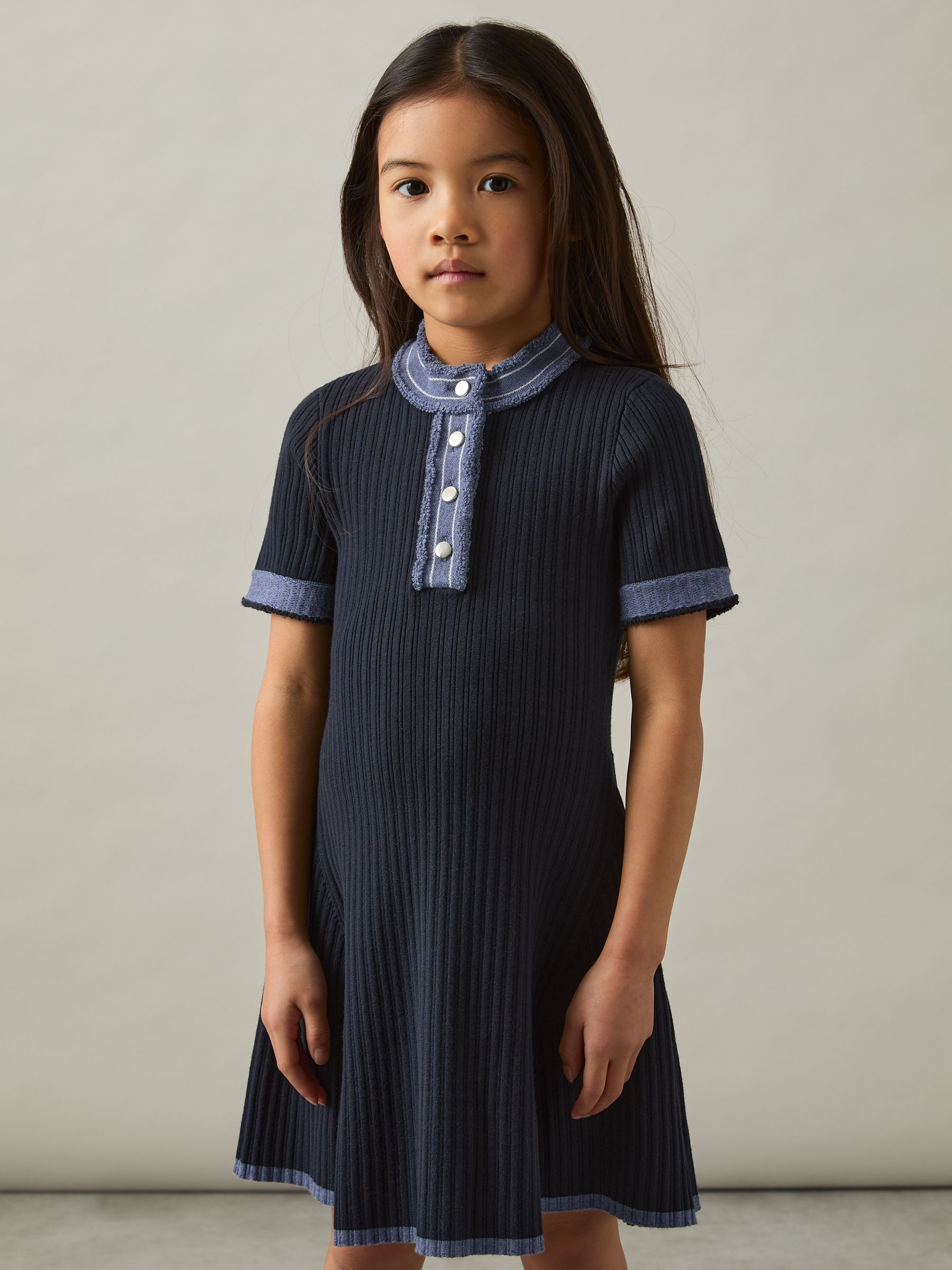 4-9 yrs Contrast-Trim Rib-Knit Dress in Navy