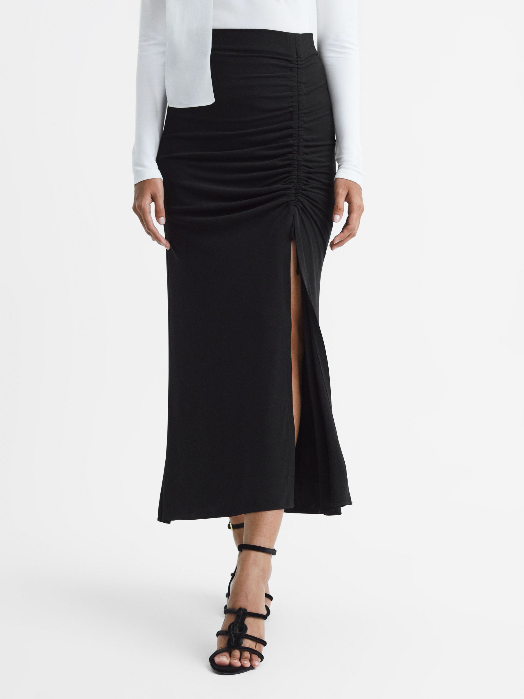 High Rise Ruched Fitted Midi Skirt in Black