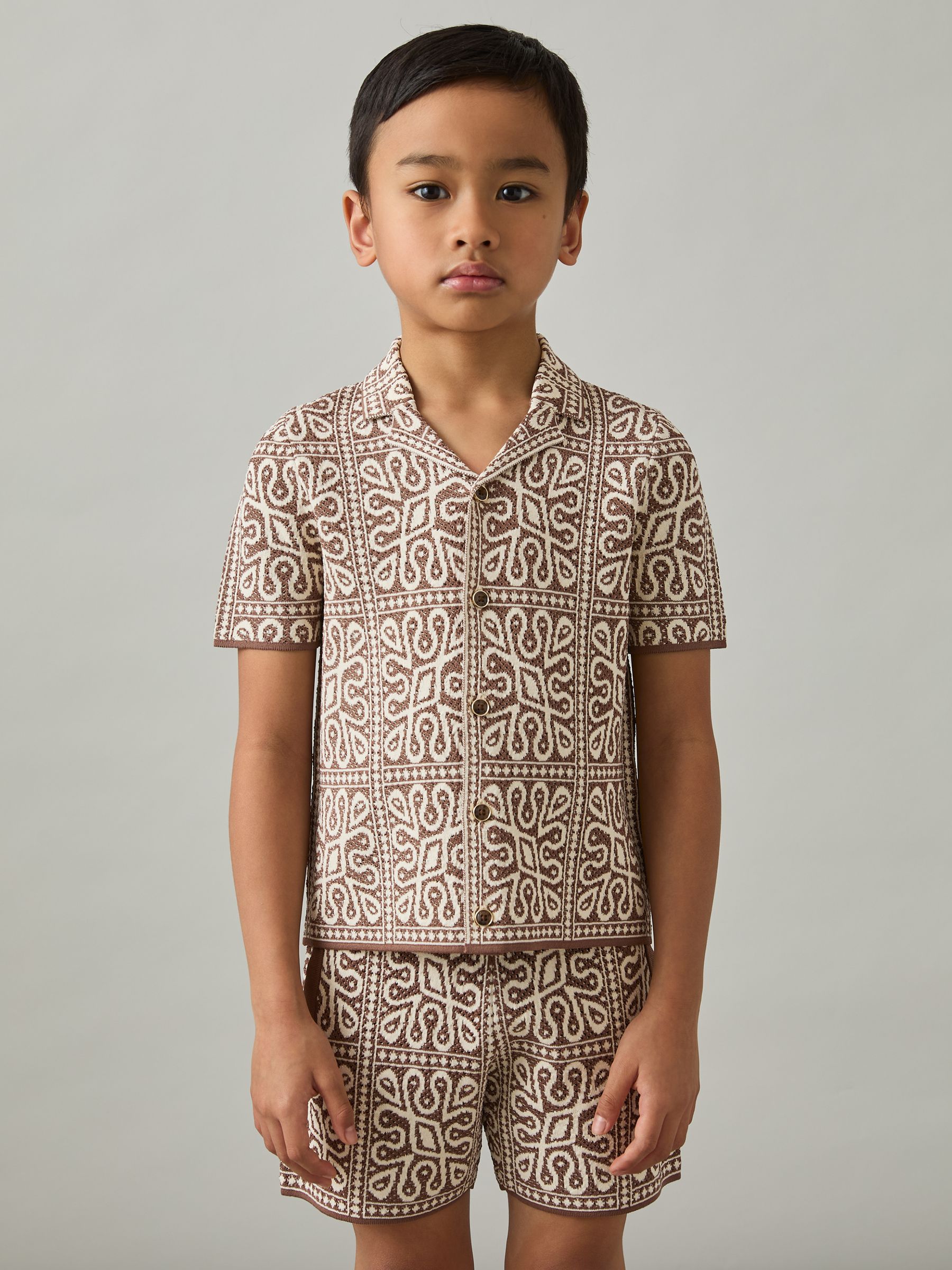3-9 yrs Tile Pattern Knit Shirt in Brown/Off White