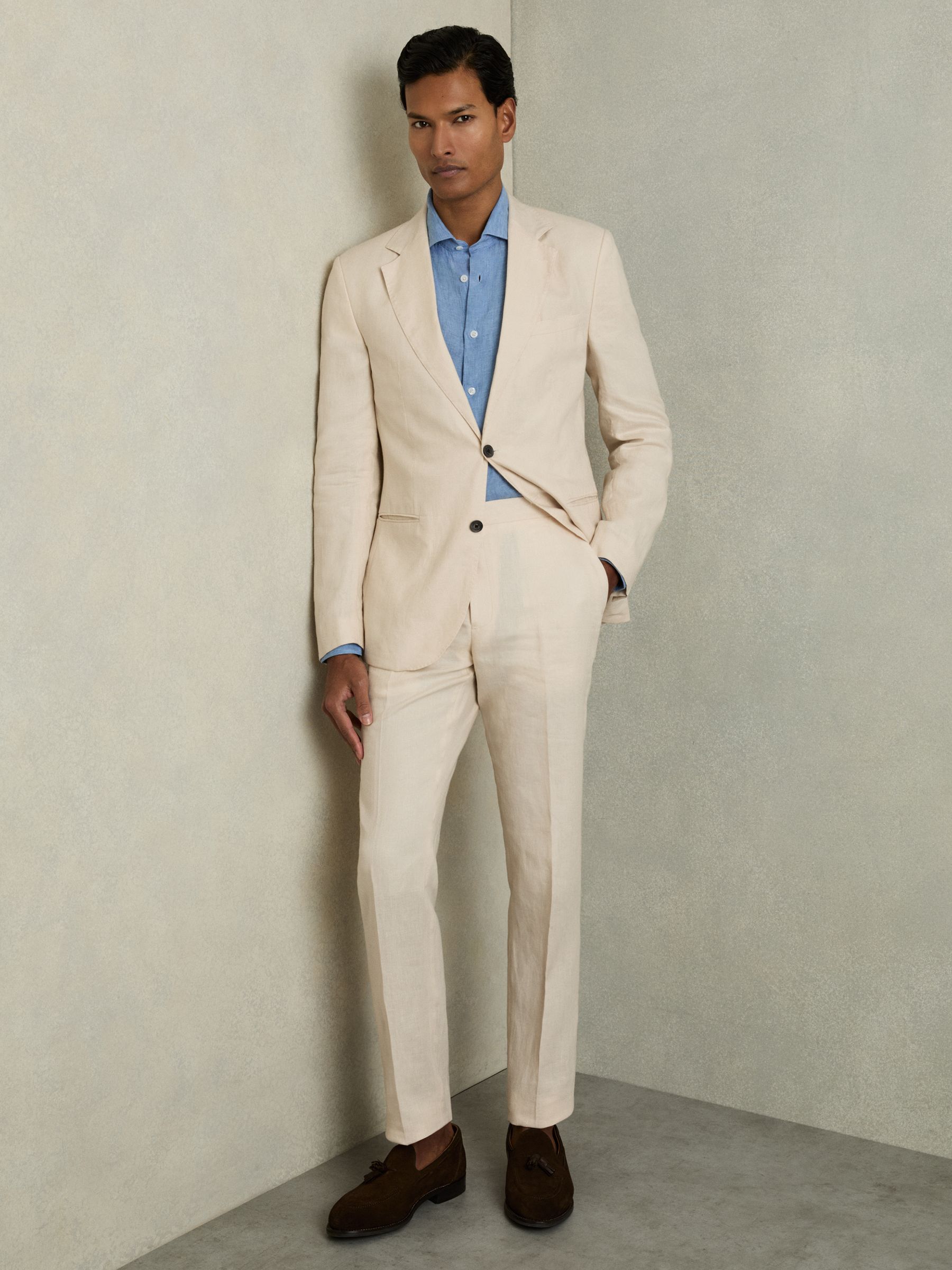 Slim-Fit Single Breasted Linen Blazer in Stone