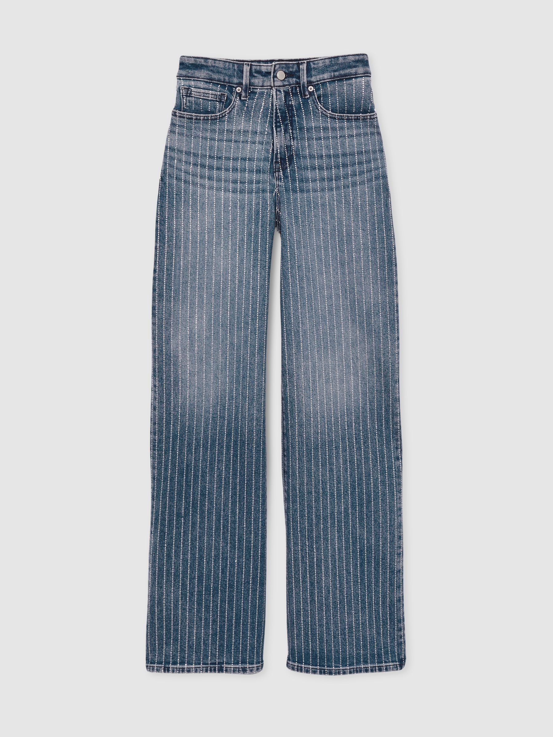 Good American Crystal-Stripe Relaxed Jeans in Light Blue