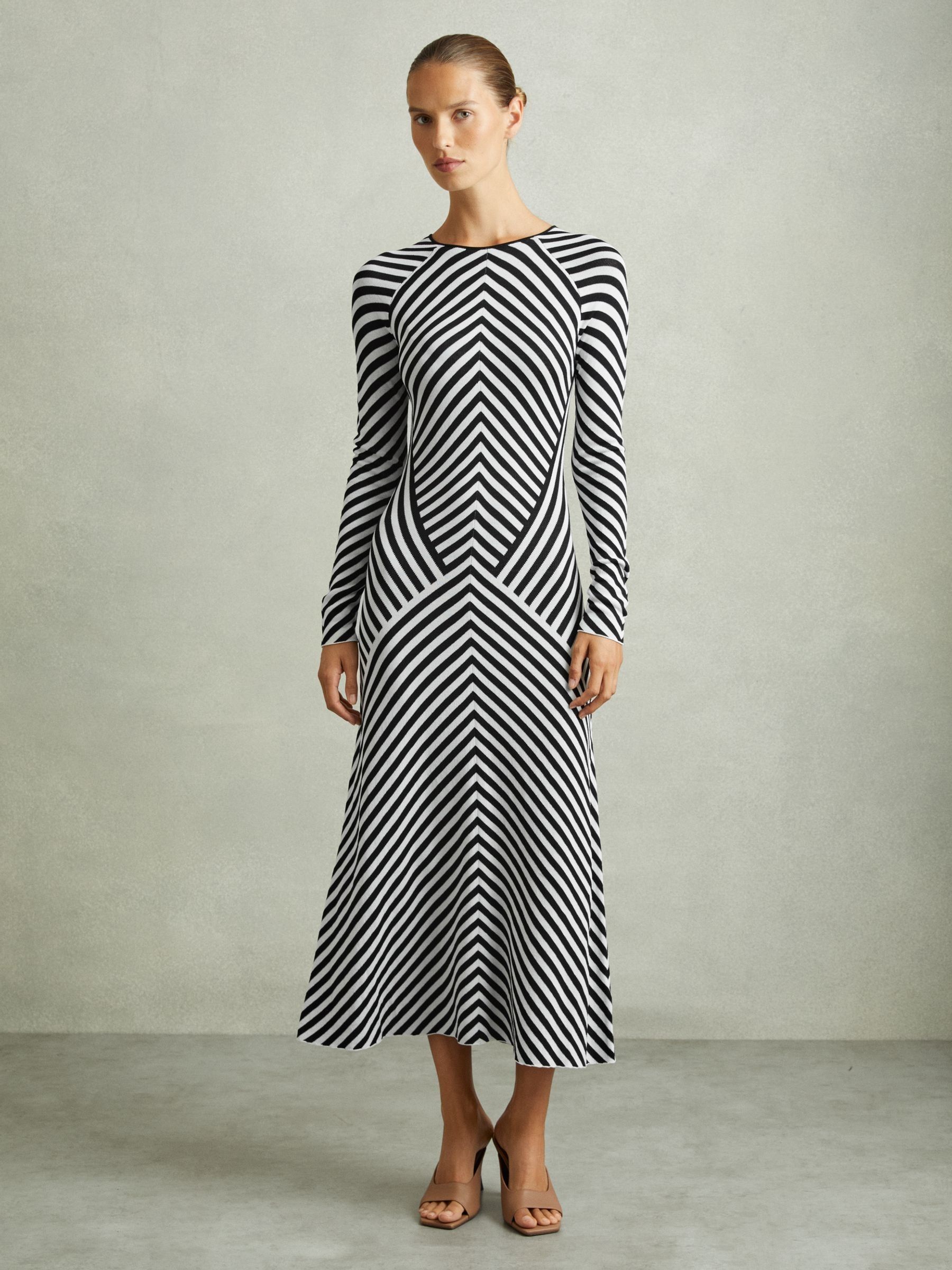 Knitted Striped Midi Dress in Black/Ivory